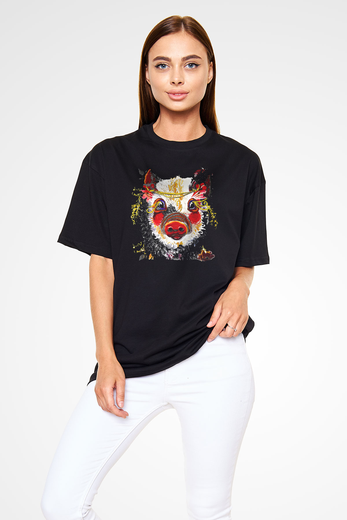 Domuz Siyah Unisex Oversize Tişört T-Shirt