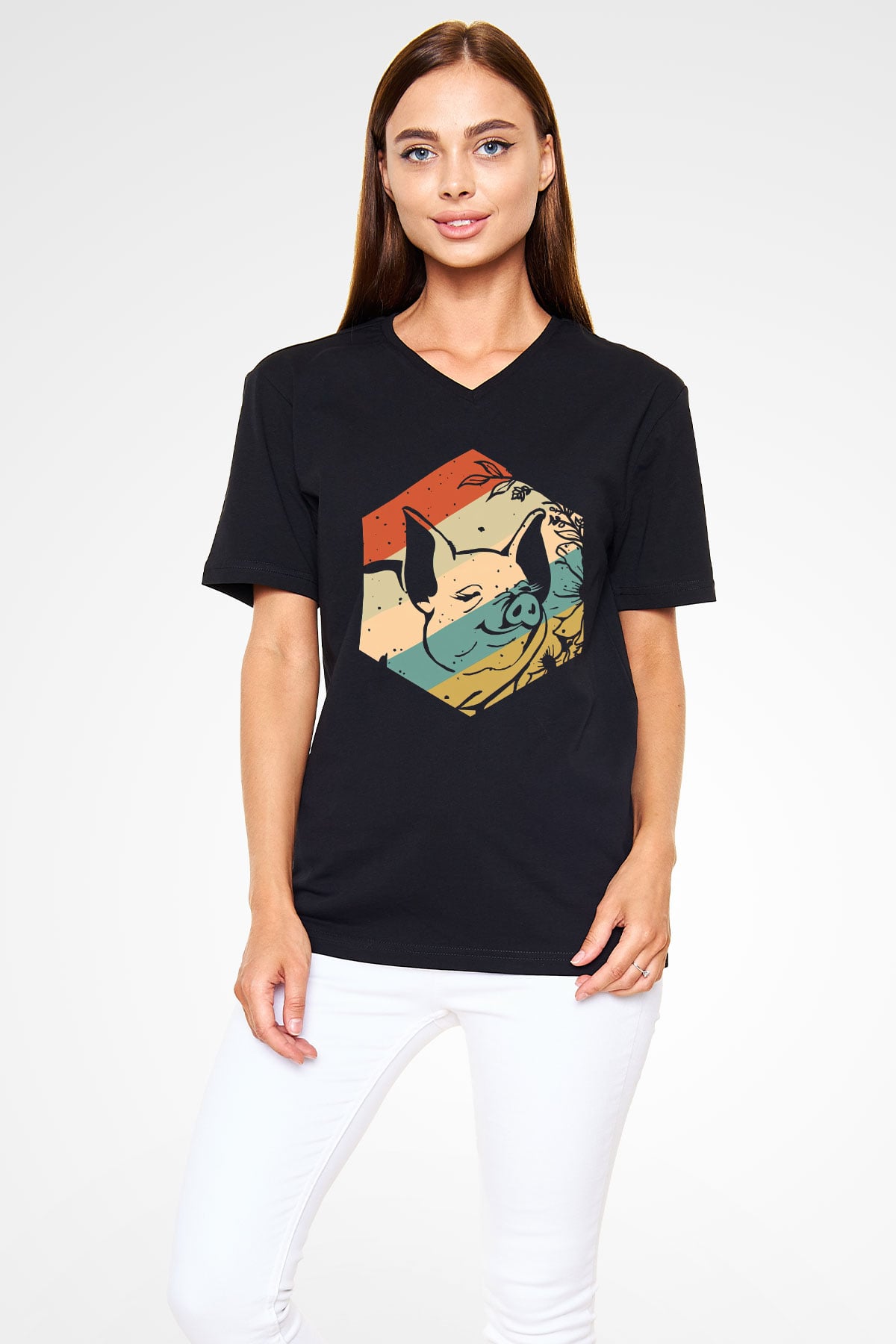Domuz Siyah Unisex V Yaka Tişört