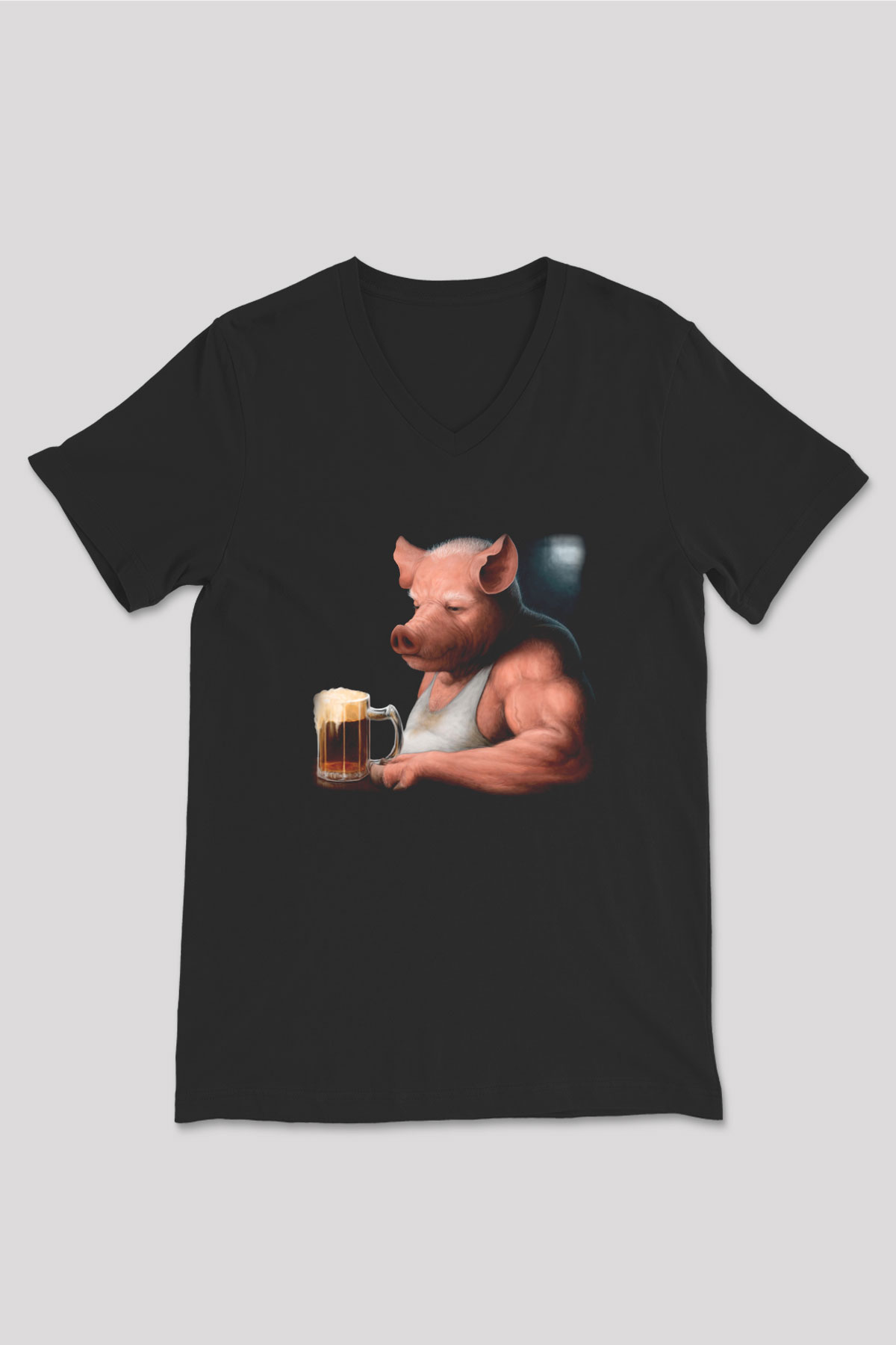 Domuz Siyah Unisex V Yaka Tişört T-Shirt