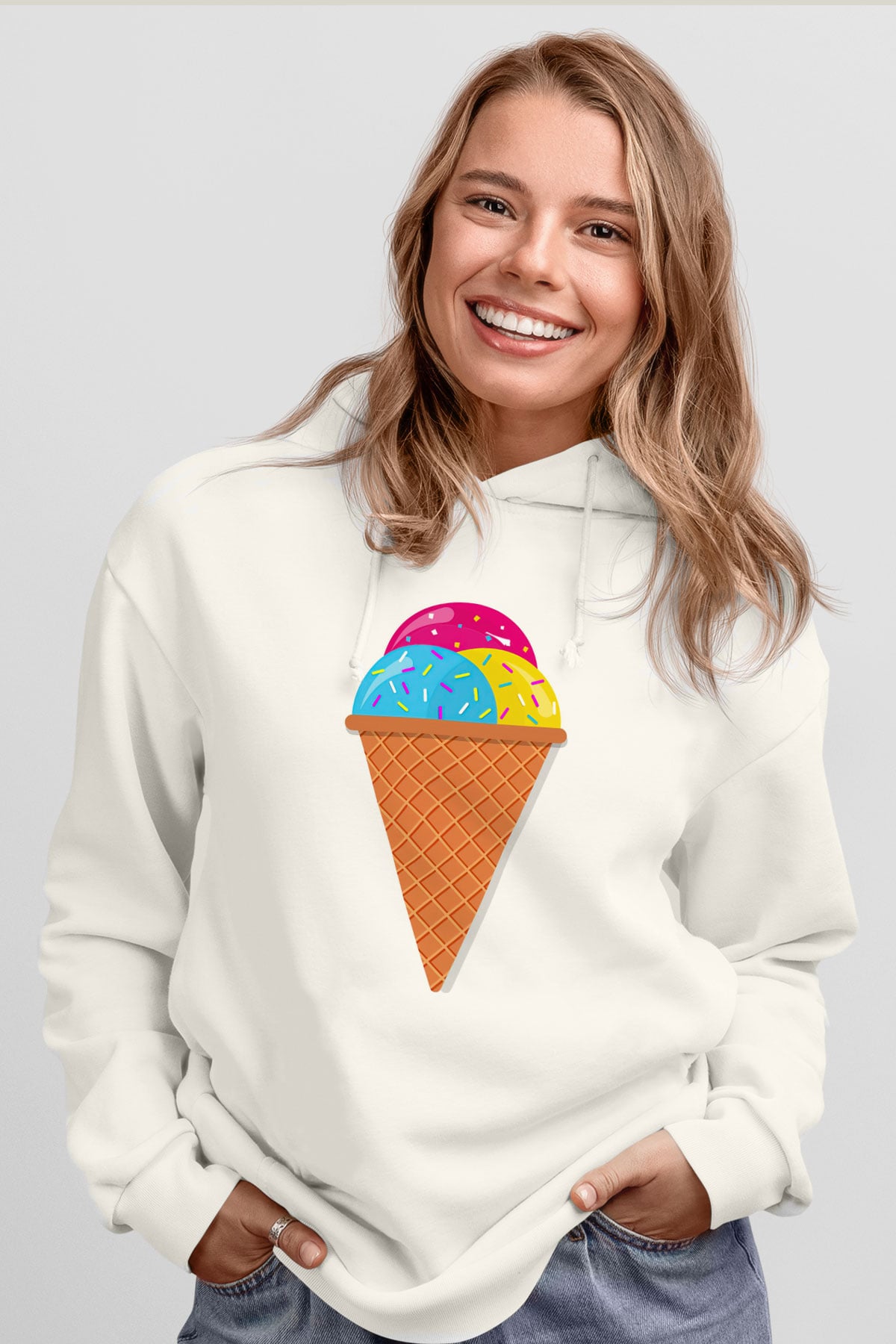 Dondurmacı Beyaz Unisex Kapüşonlu Sweatshirt
