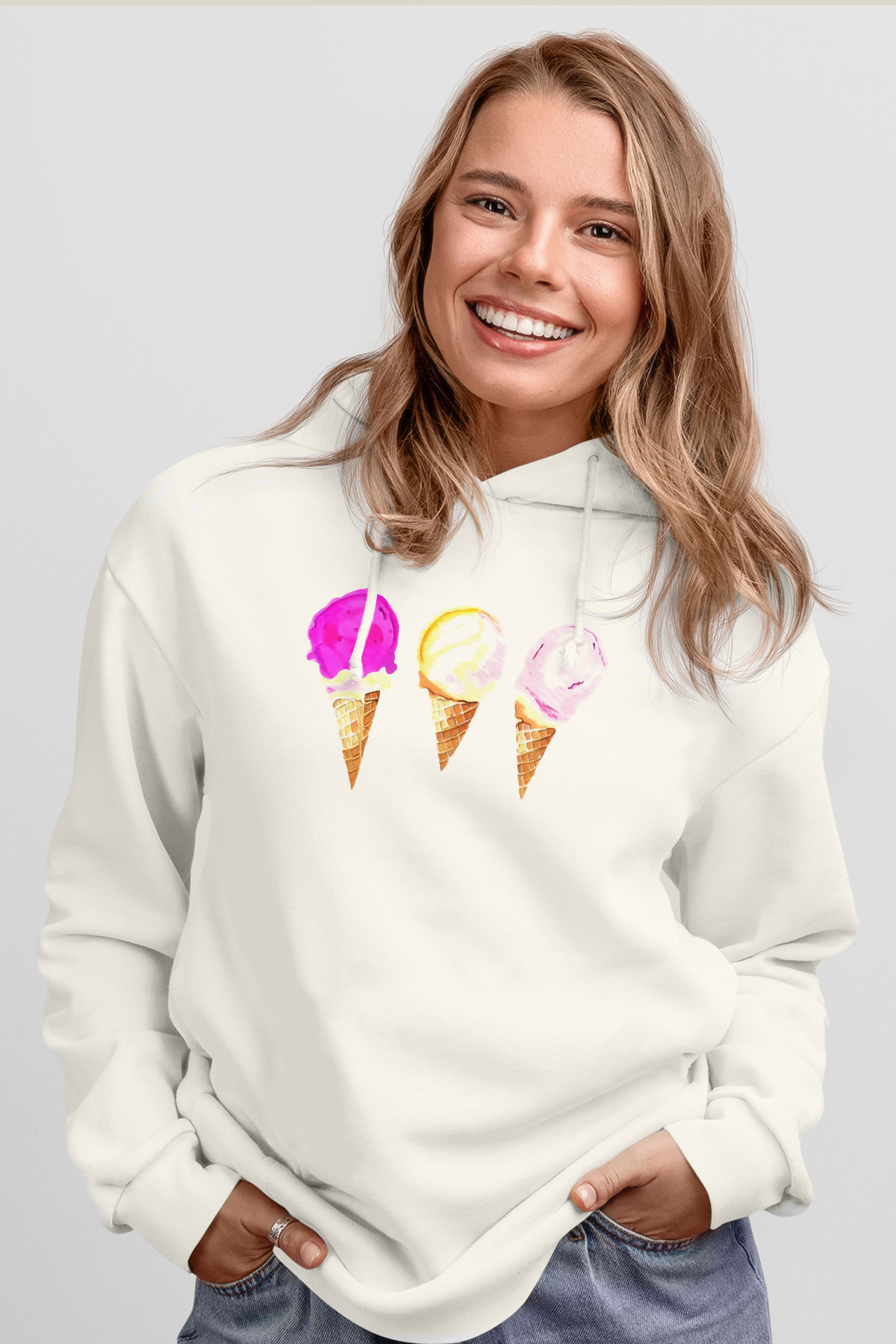 Dondurmacı Beyaz Unisex Kapüşonlu Sweatshirt