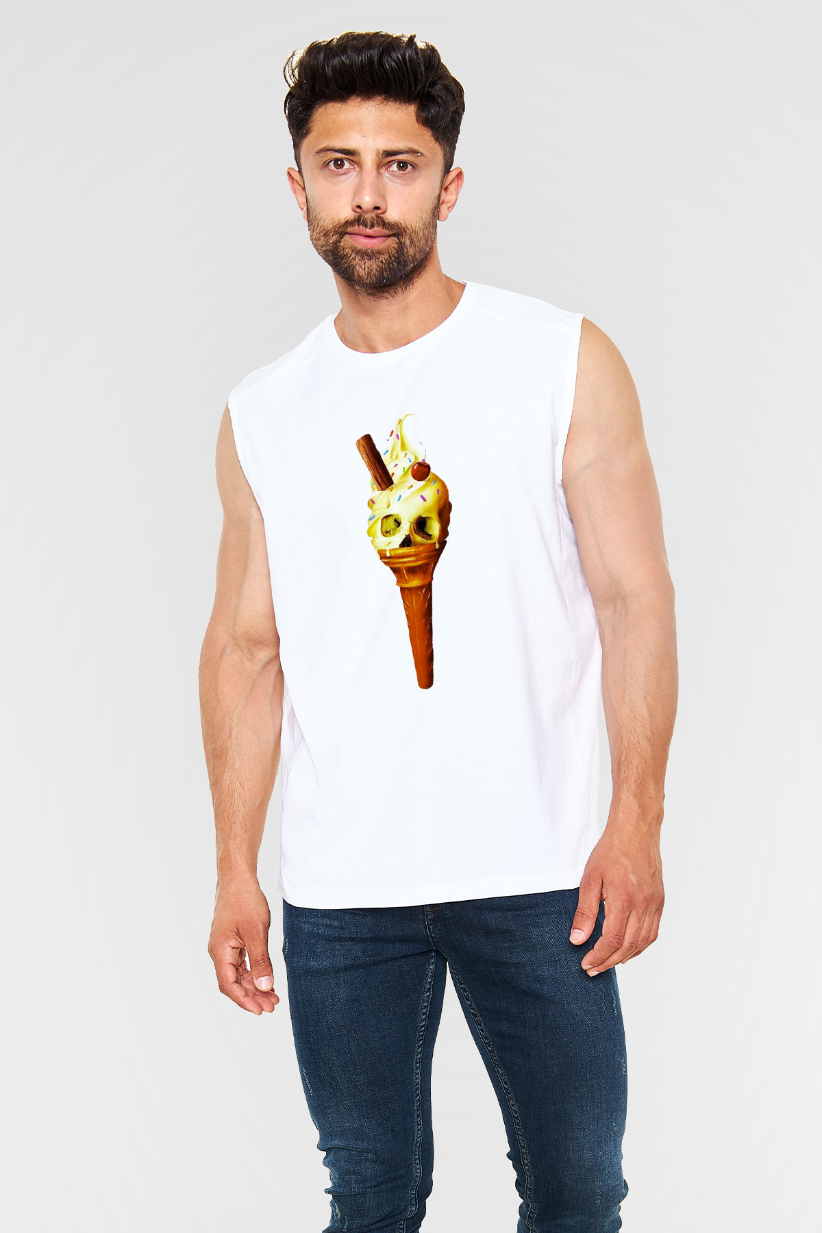 Dondurmacı Beyaz Unisex Kolsuz Tişört