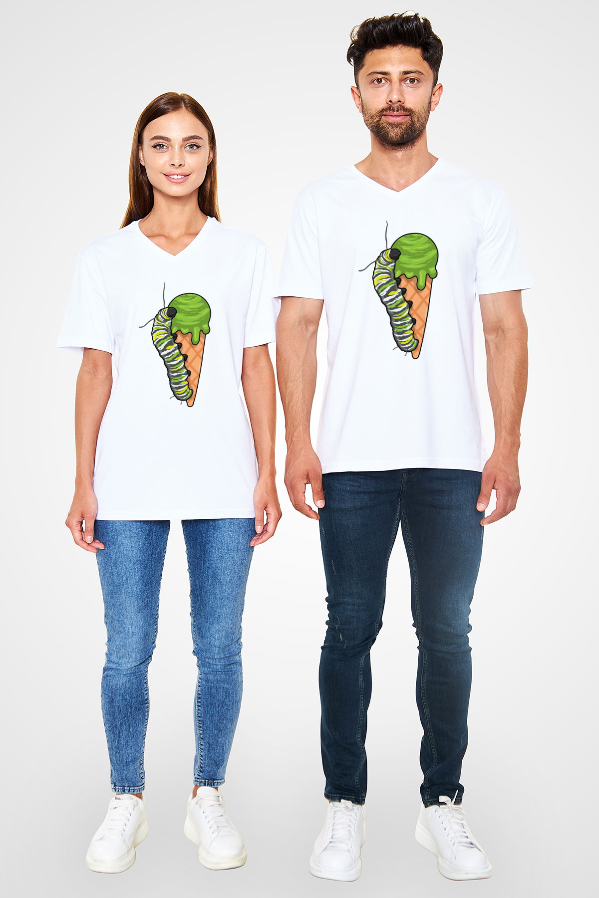 Dondurmacı Beyaz Unisex V Yaka Tişört