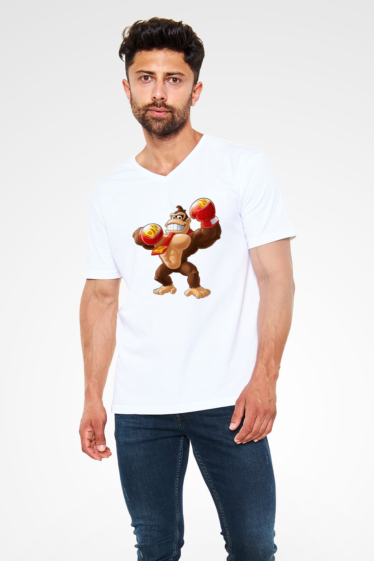 Donkey Kong Beyaz Unisex V Yaka Tişört