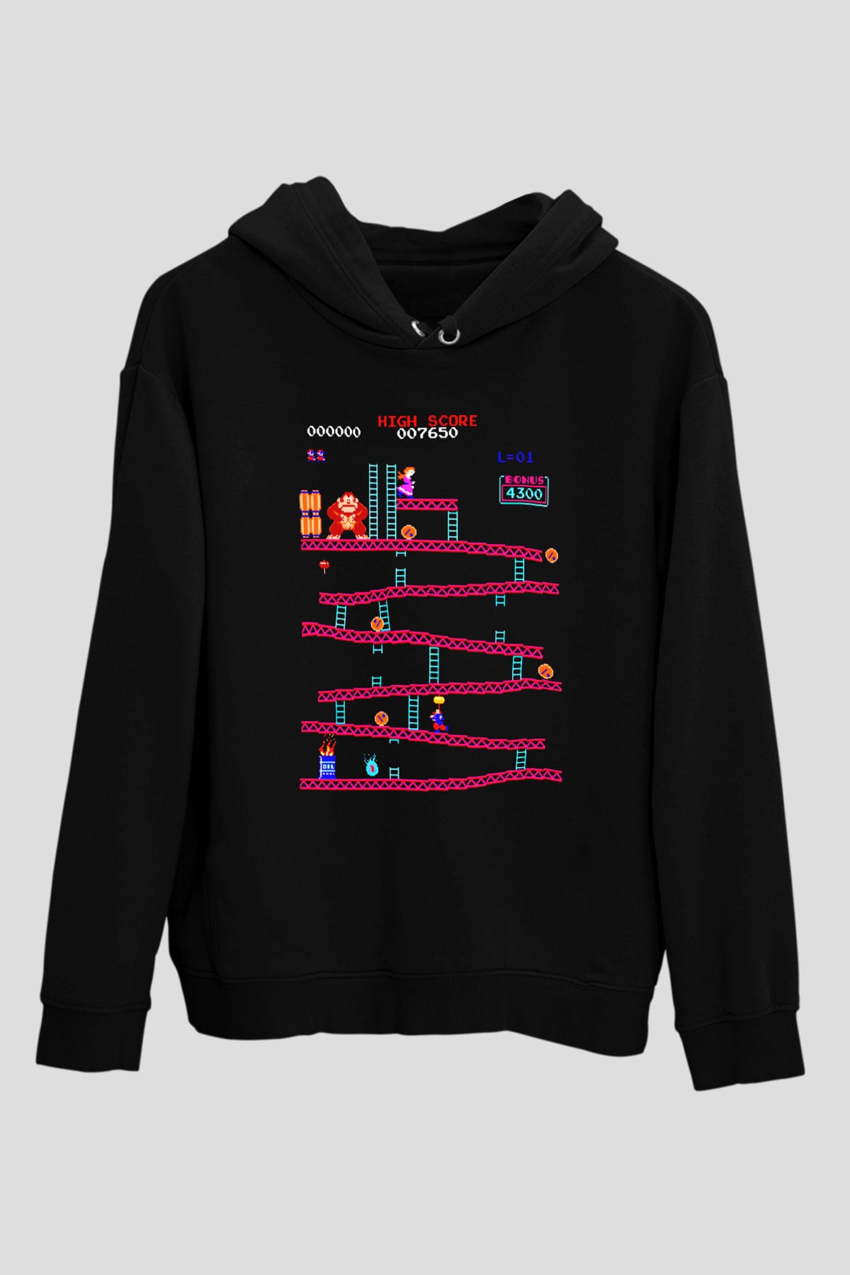 Donkey Kong Siyah Unisex Kapüşonlu Sweatshirt