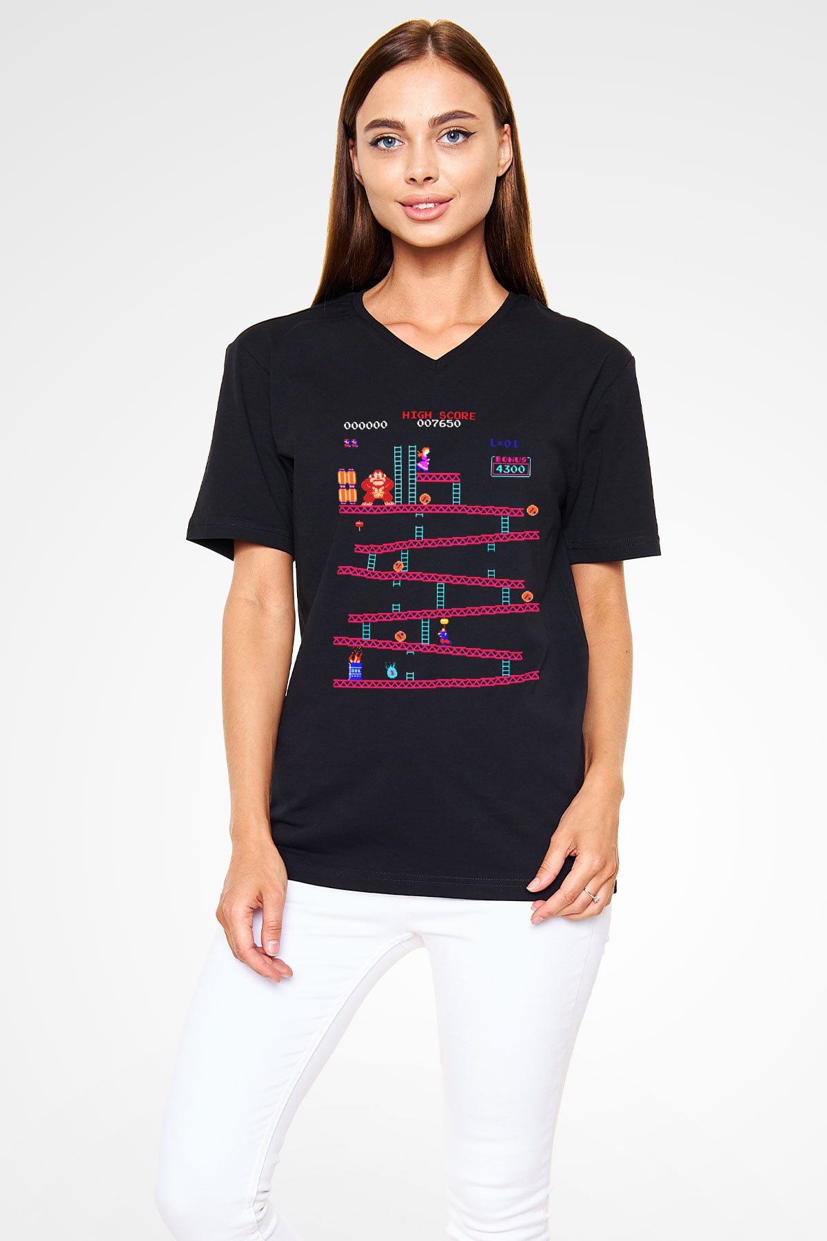 Donkey Kong Siyah Unisex V Yaka Tişört
