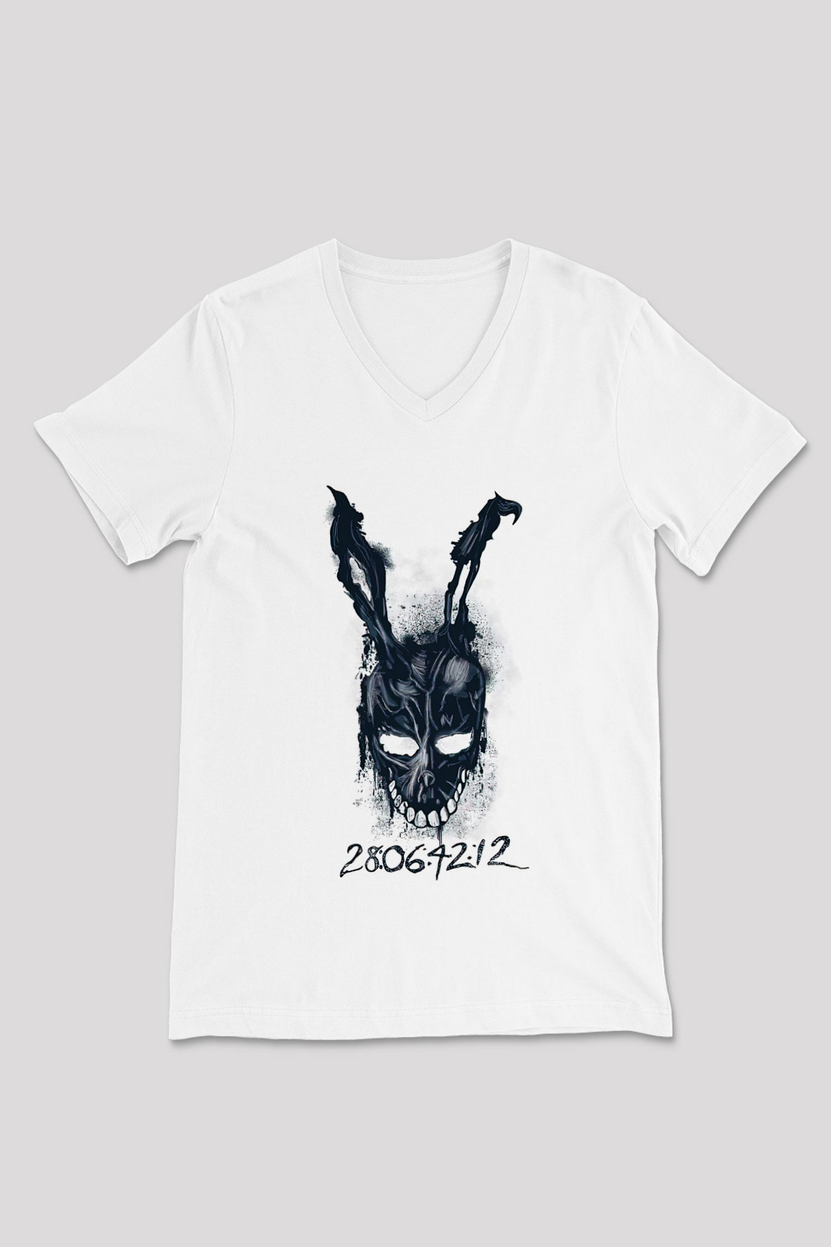Donnie Darko Baskılı Beyaz Unisex V Yaka Tişört - Tshirt