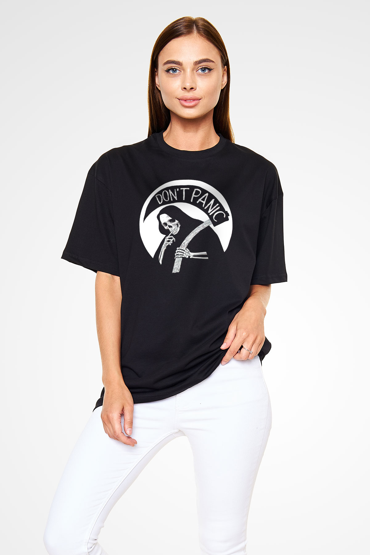 Don't Panic Temalı Baskılı Unisex Siyah Tişört
