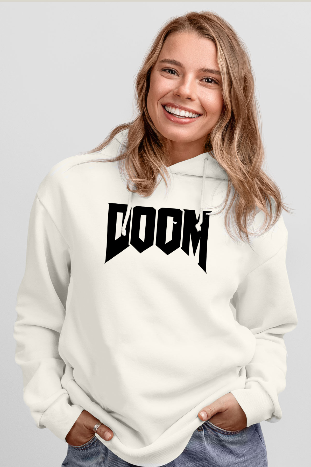Doom Beyaz Unisex Kapşonlu Sweatshirt