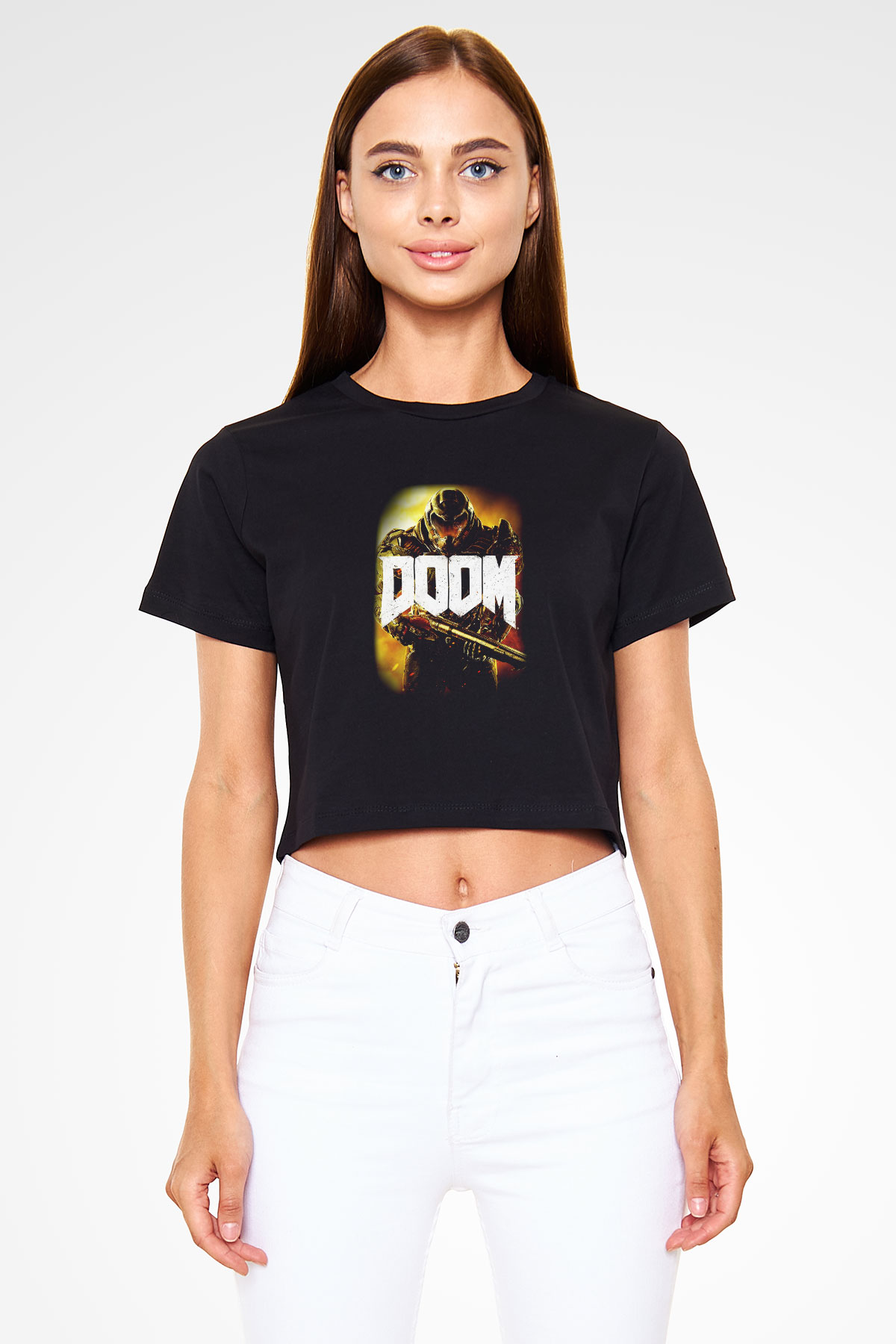 Doom Siyah Crop Top Tişört