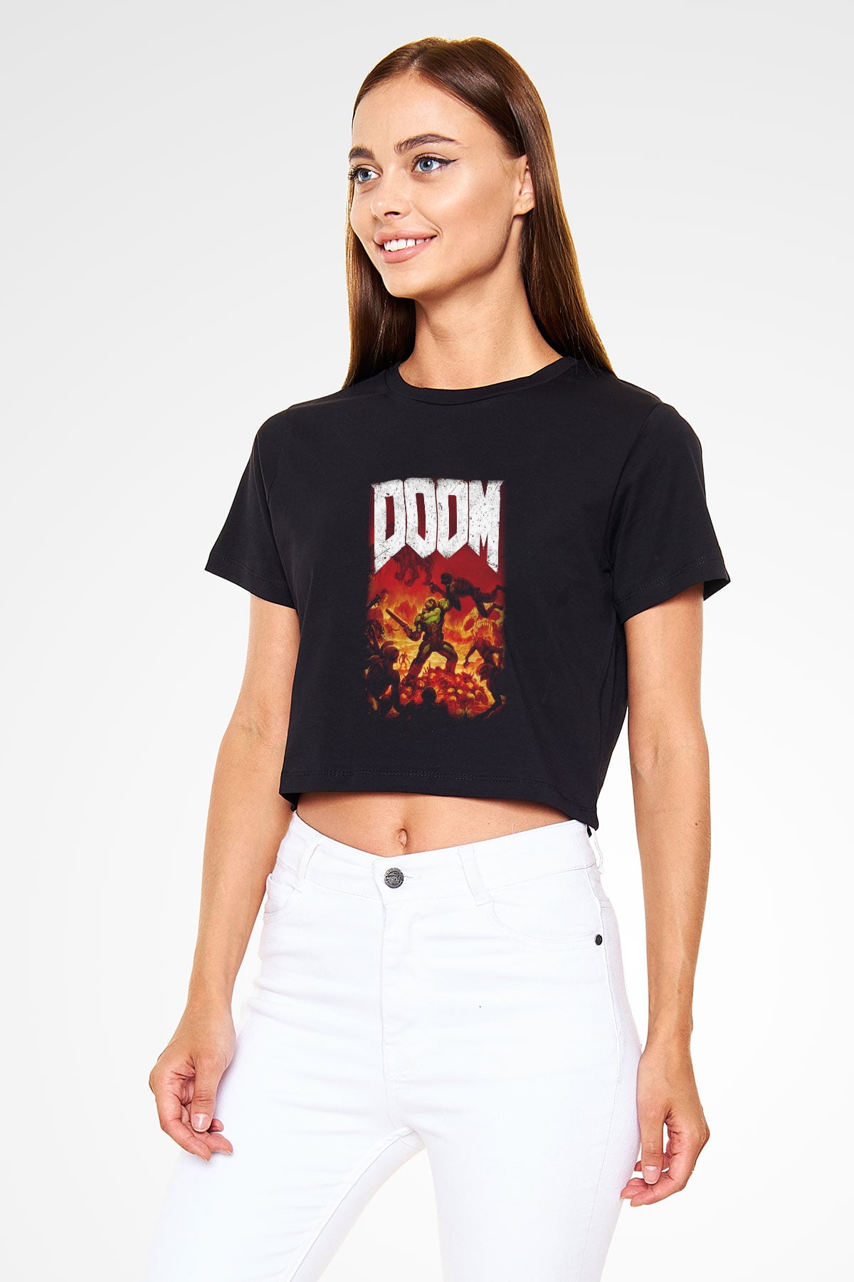 Doom Siyah Crop Top Tişört