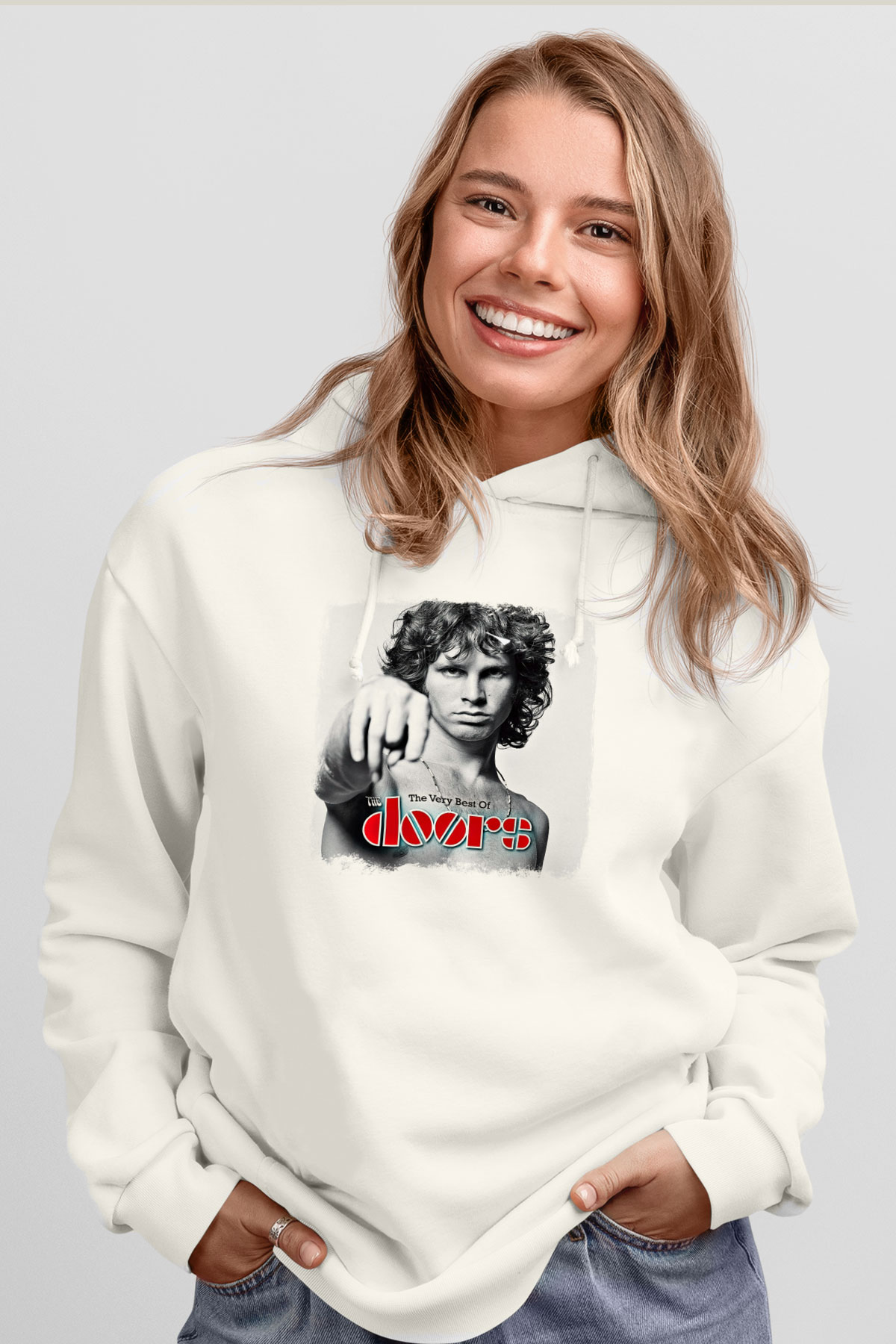 Doors Baskılı Unisex Beyaz Hoodie