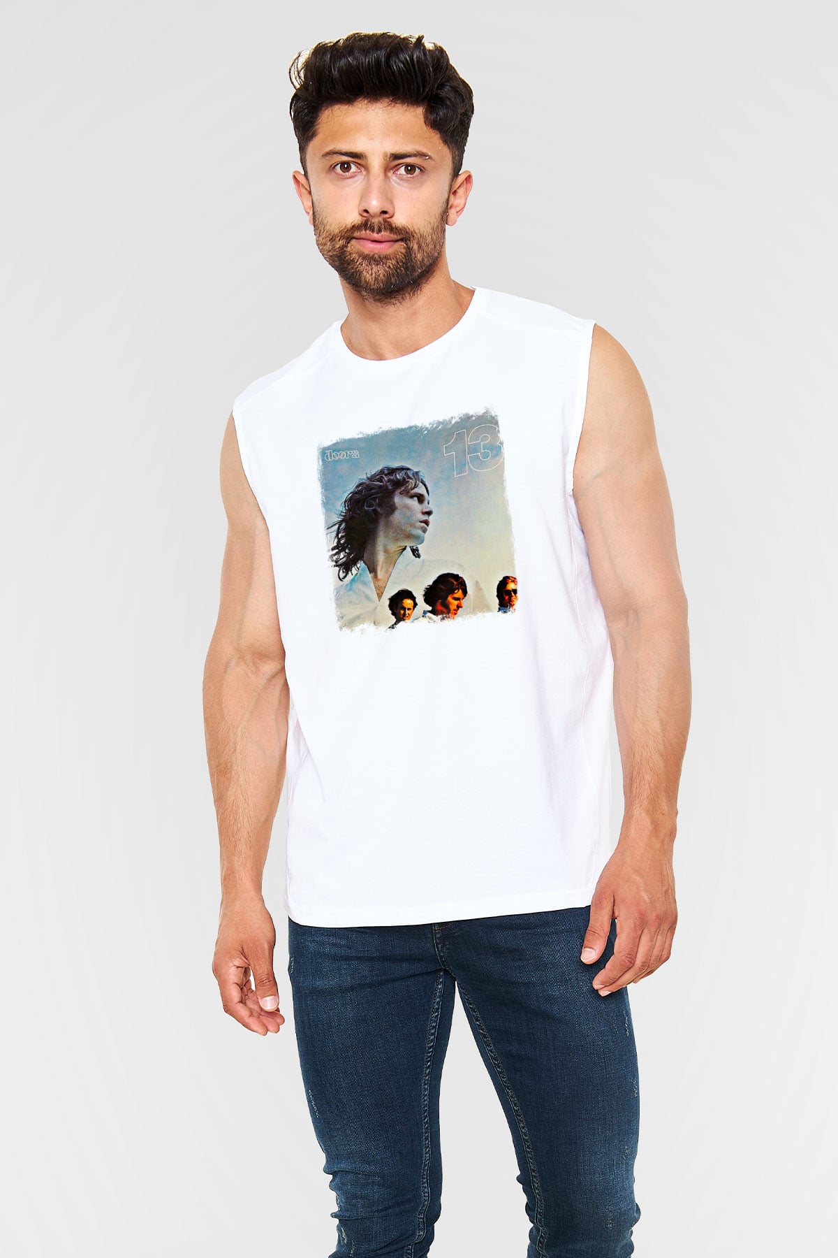 Doors Baskılı Unisex Beyaz Kolsuz Tişört
