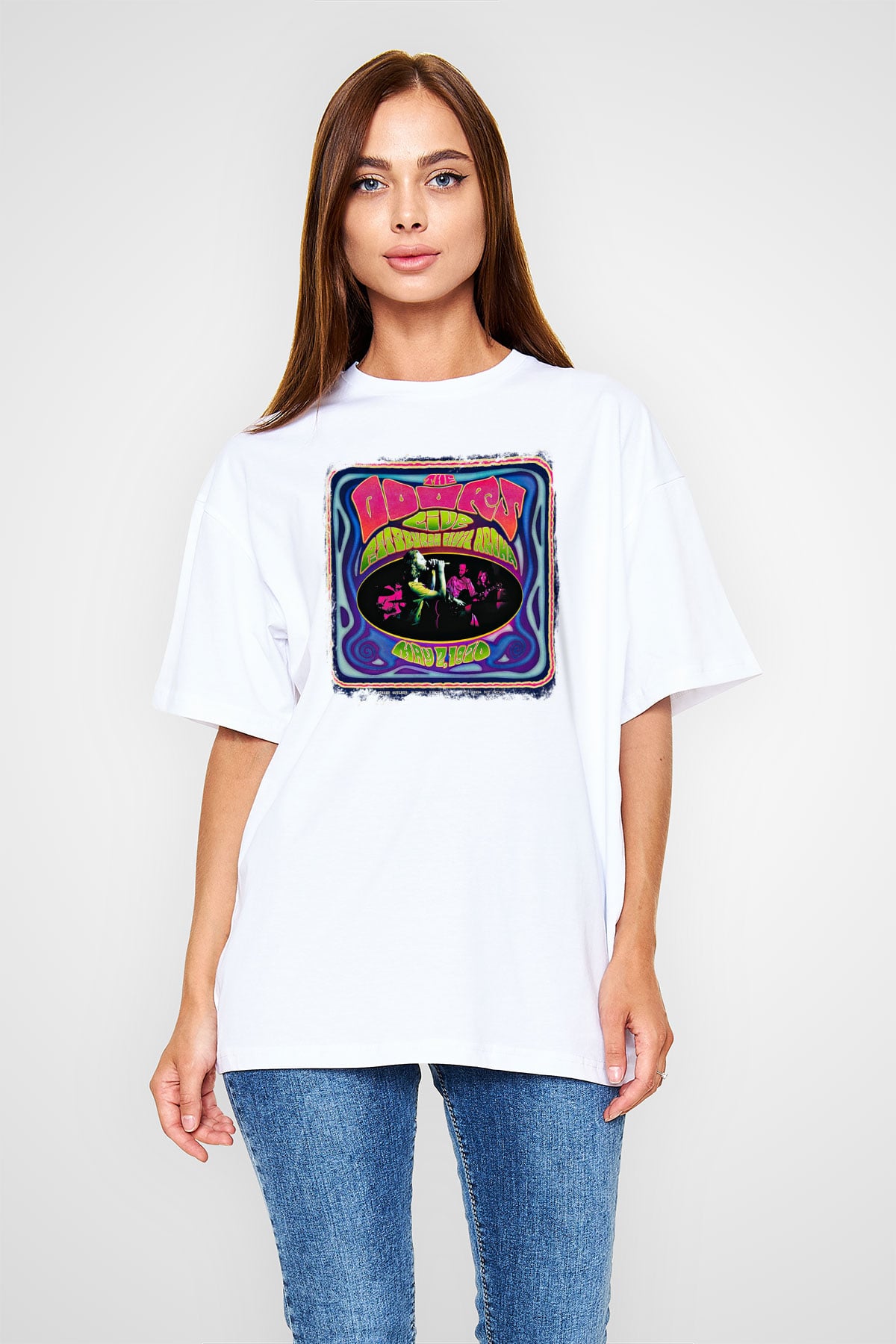 Doors Baskılı Unisex Beyaz Oversize Tişört