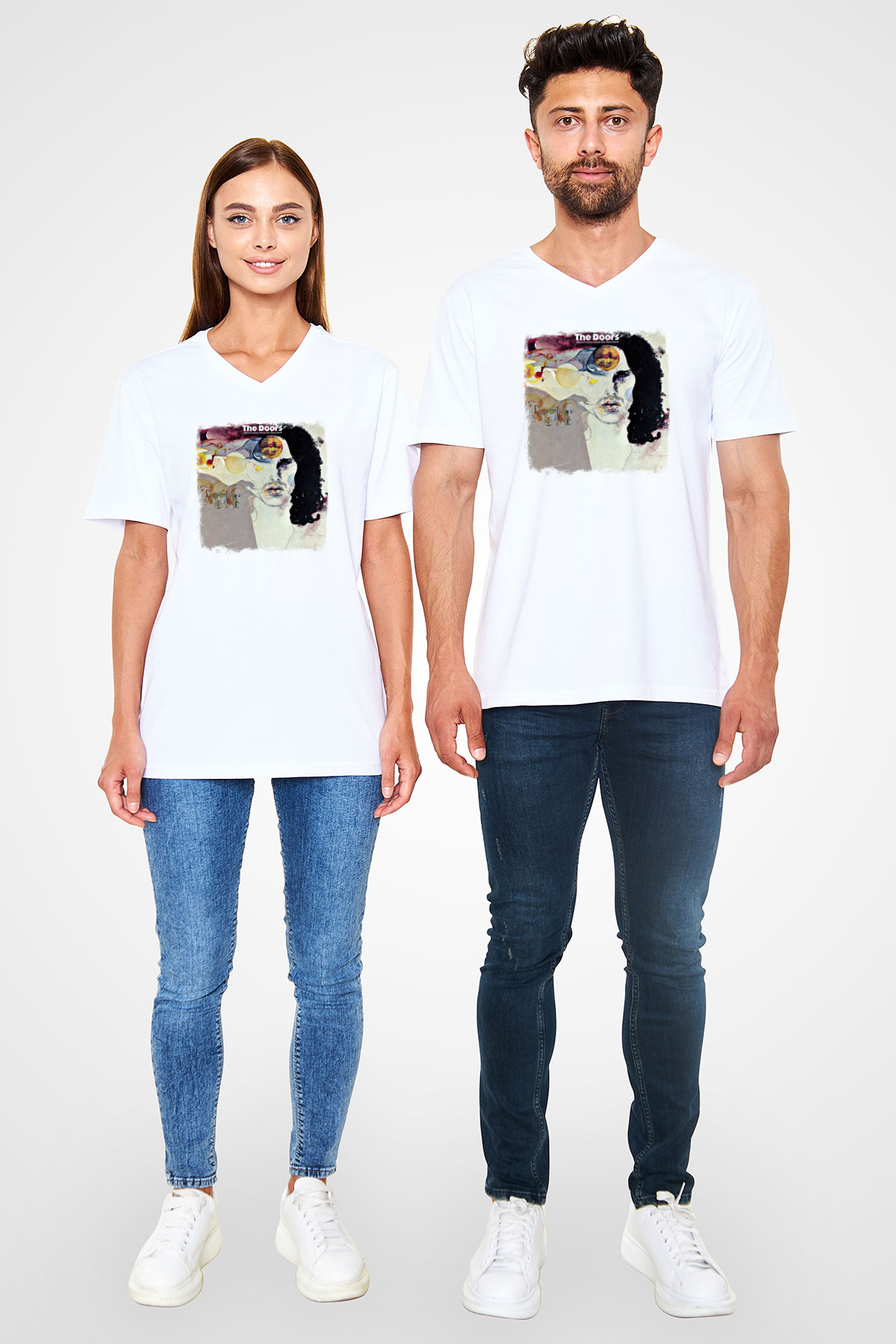 Doors Baskılı Unisex Beyaz V Yaka Tişört