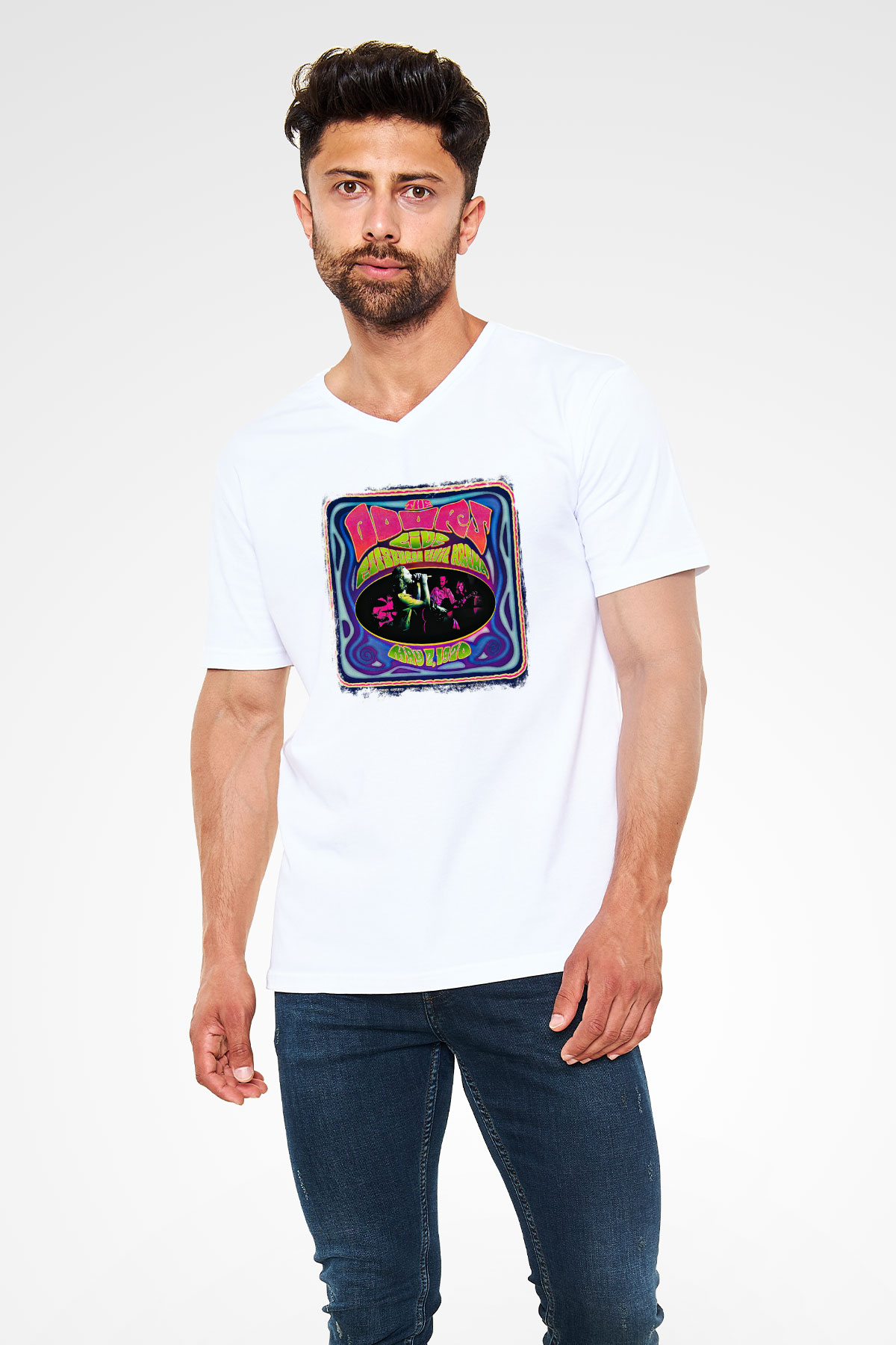 Doors Baskılı Unisex Beyaz V Yaka Tişört