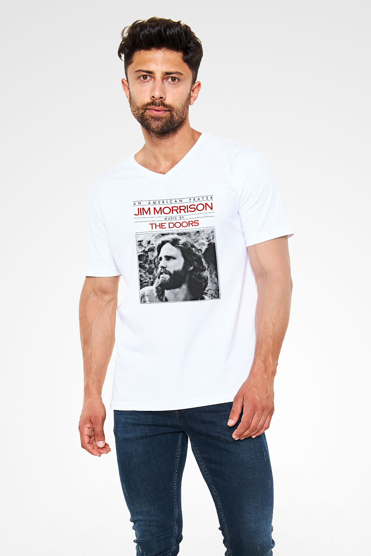 Doors Baskılı Unisex Beyaz V Yaka Tişört