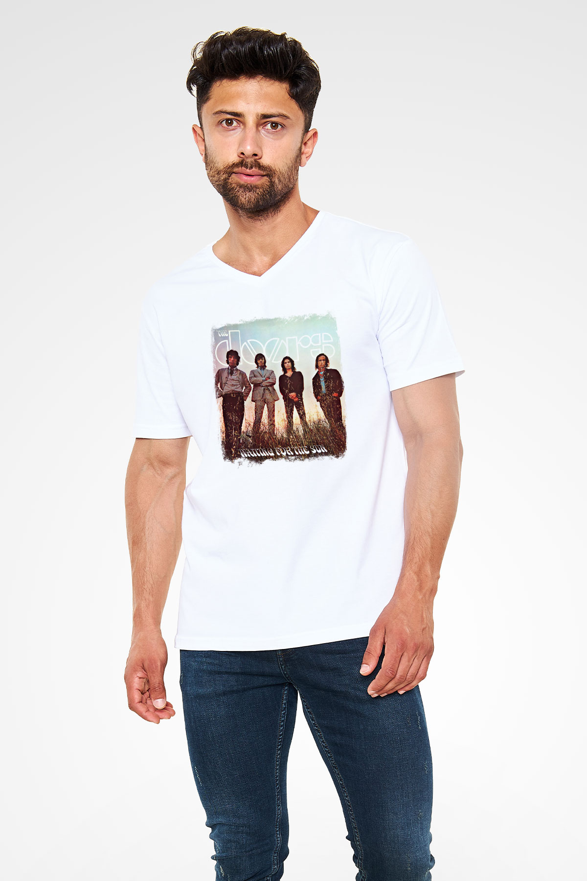 Doors Baskılı Unisex Beyaz V Yaka Tişört