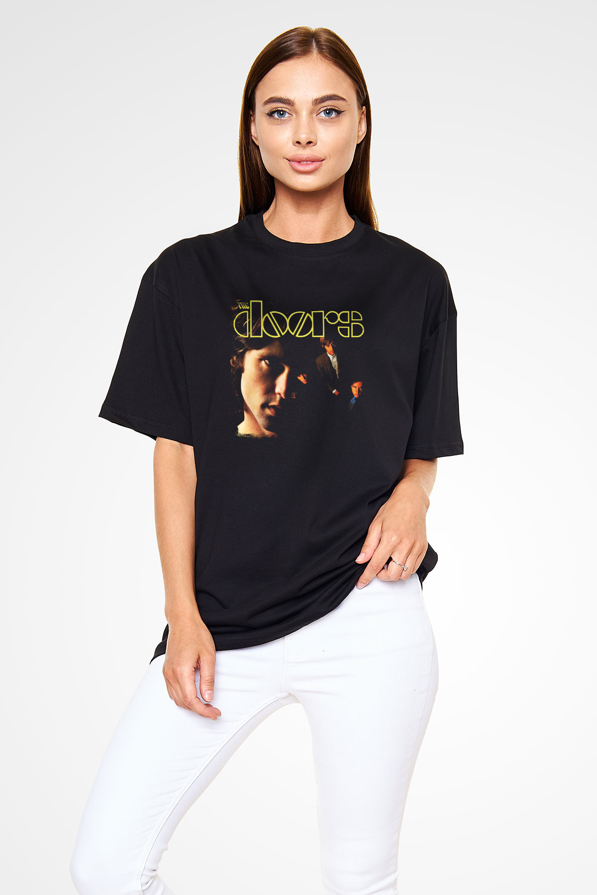 Doors Baskılı Unisex Siyah Oversize Tişört