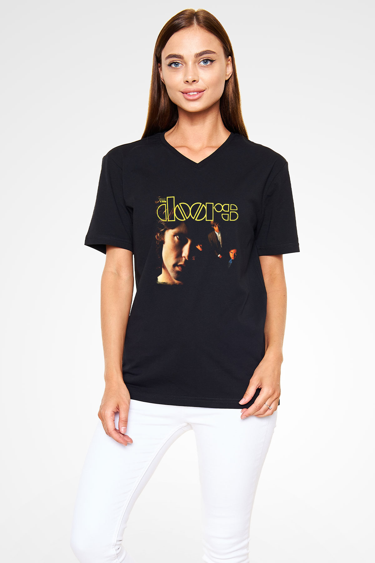 Doors Baskılı Unisex Siyah V Yaka Tişört