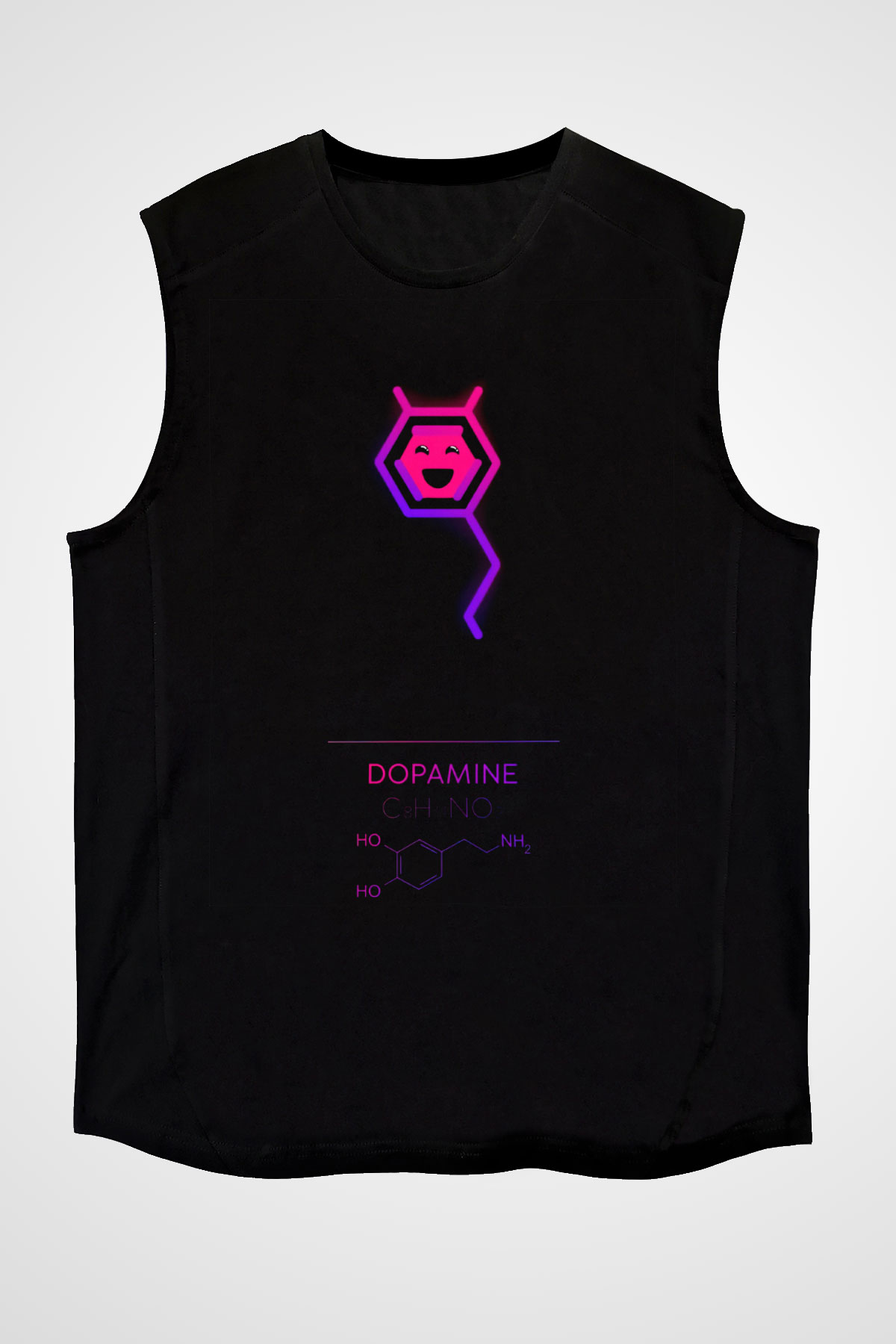 Dopamin Molekülü Baskılı Unisex Kolsuz Siyah Tişört - Tshirt