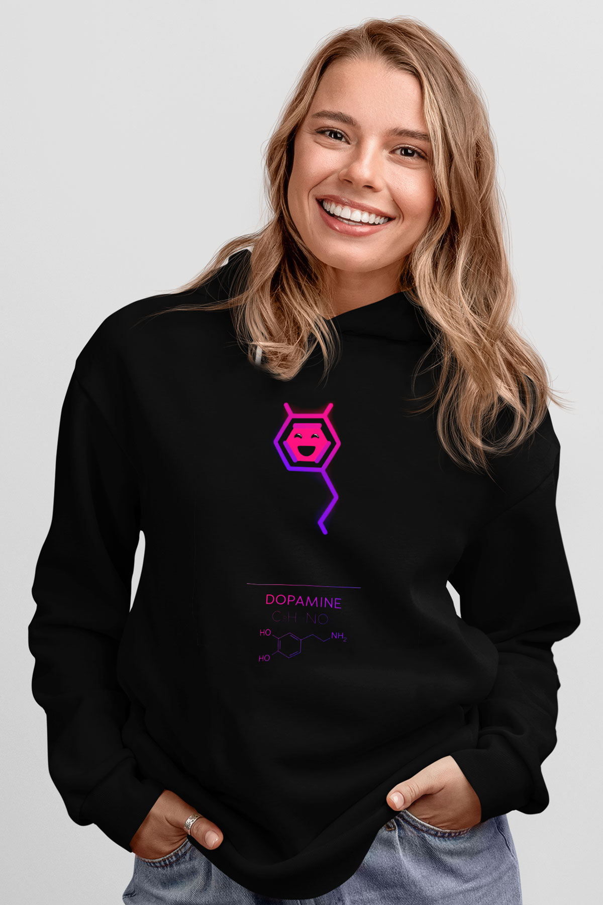 Dopamin Molekülü Baskılı Unisex Siyah Hoodie
