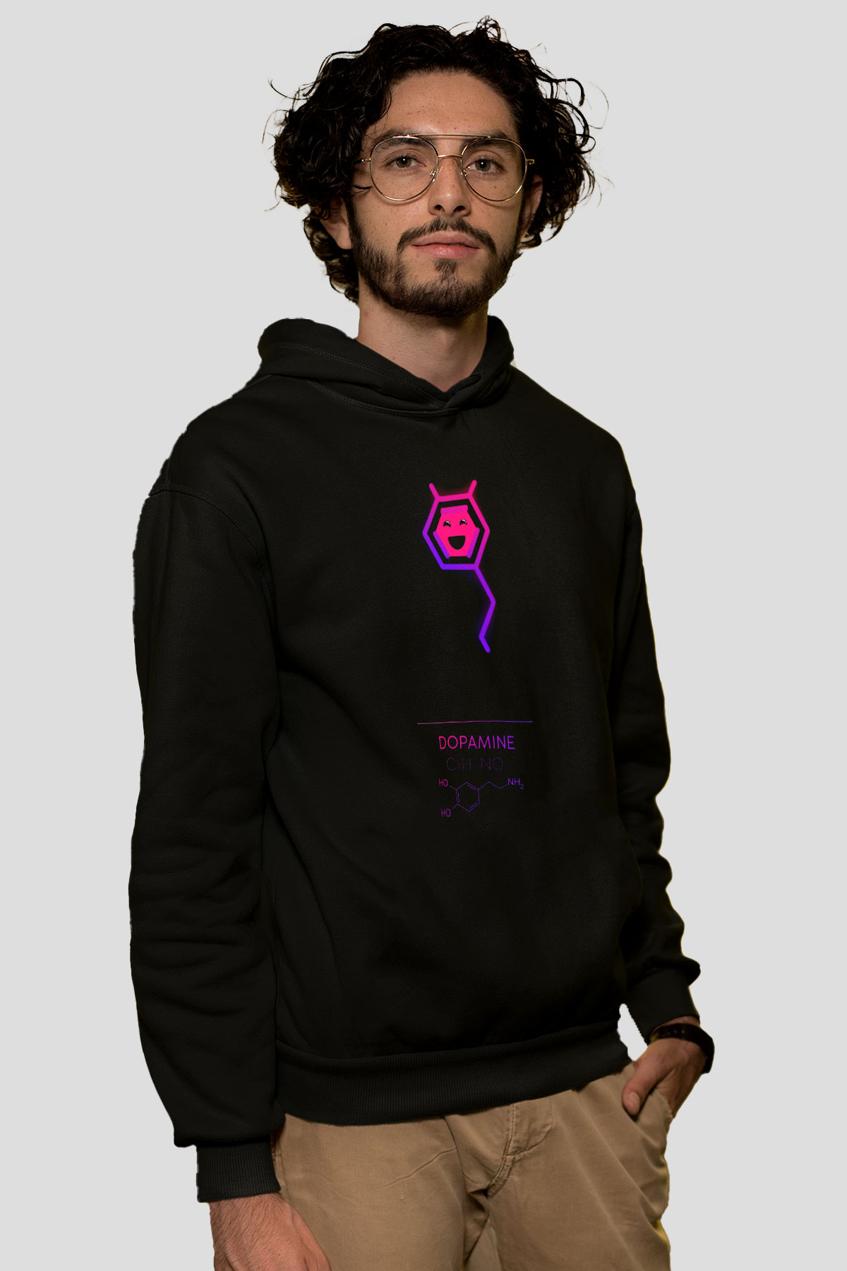 Dopamin Molekülü Baskılı Unisex Siyah Hoodie