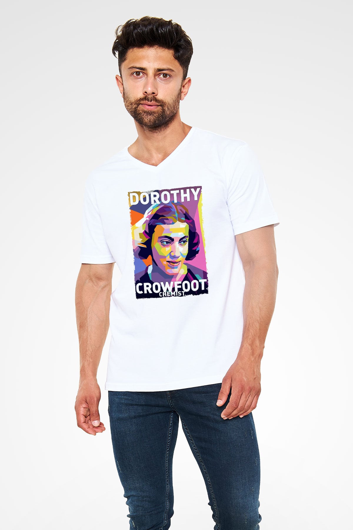 Dorothy Crowfoot Hodgkin Baskılı Unisex V Yaka Beyaz Tişört - Tshirt
