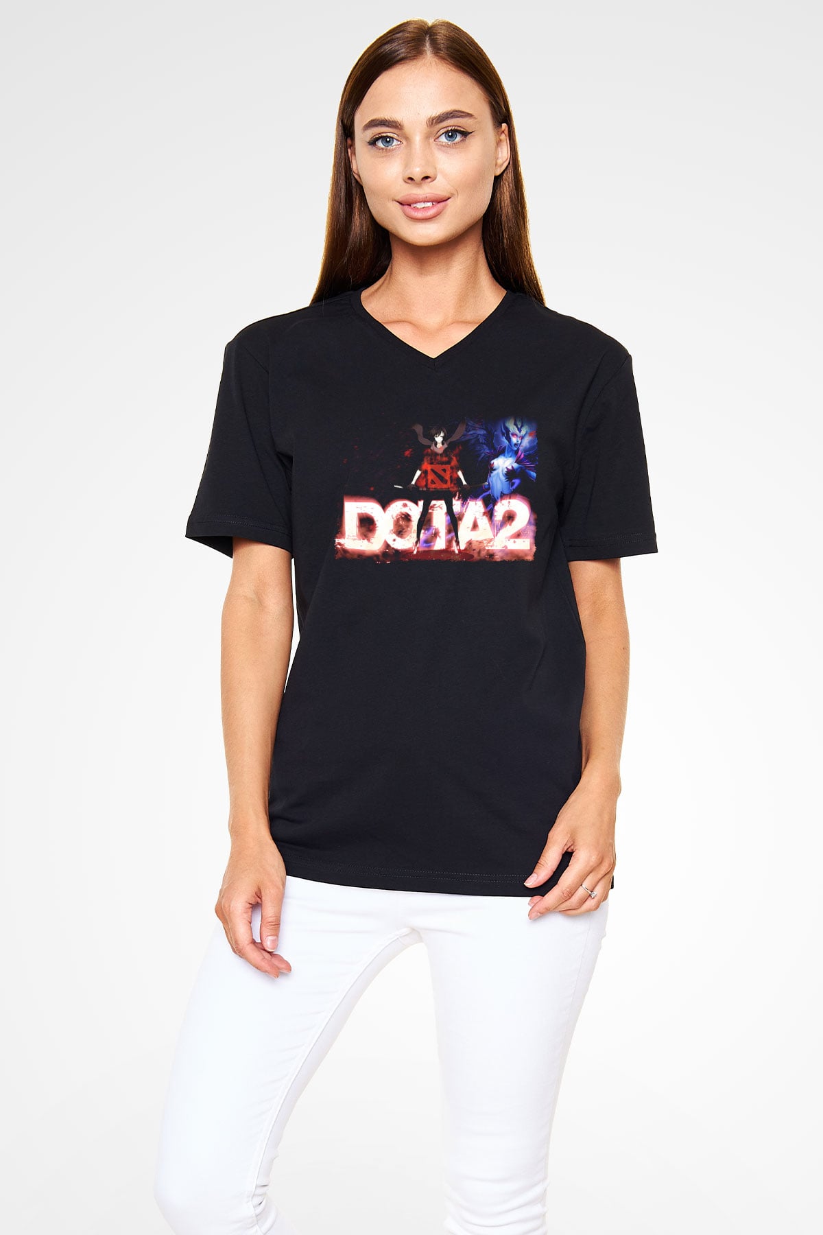 Dota 2 Siyah Unisex V Yaka Tişört