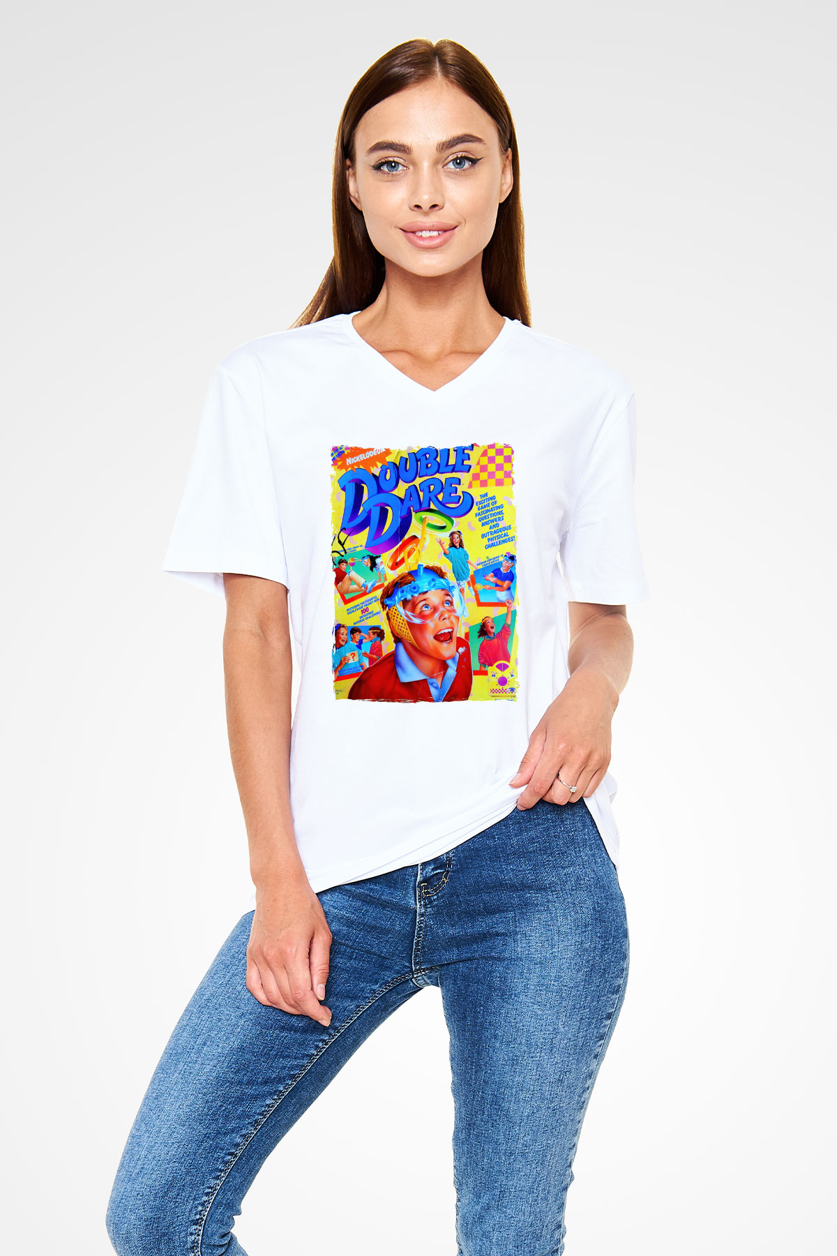 Double Dare Beyaz Unisex  V Yaka Tişört