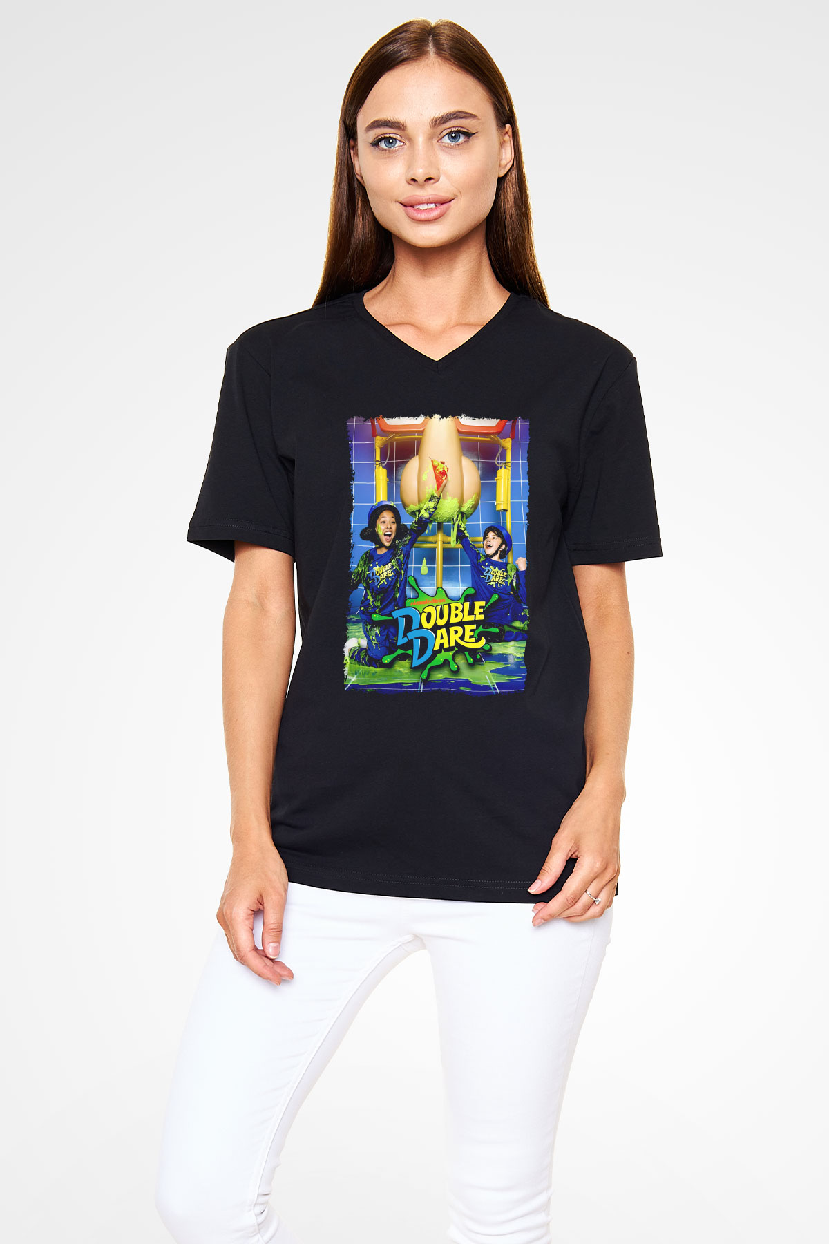 Double Dare Siyah Unisex  V Yaka Tişört