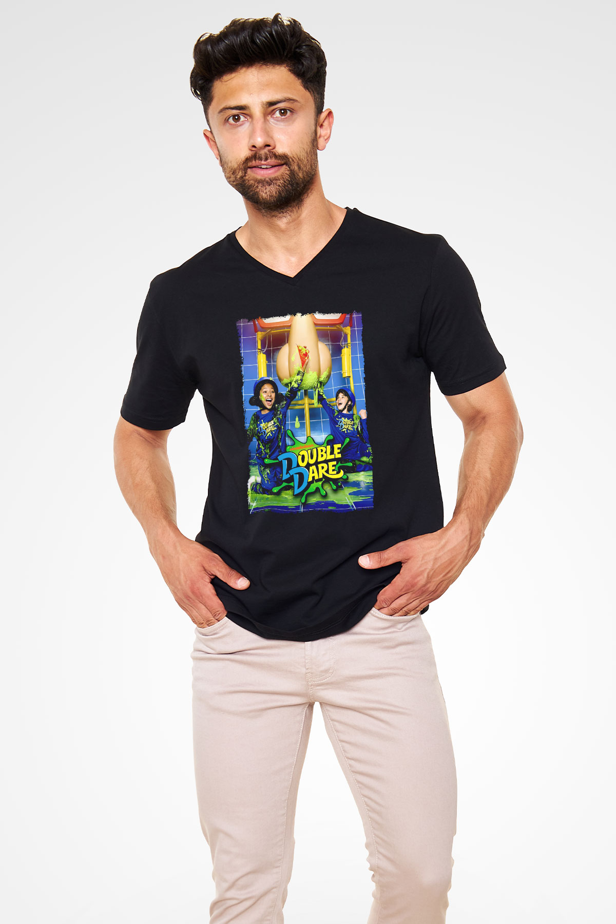 Double Dare Siyah Unisex  V Yaka Tişört