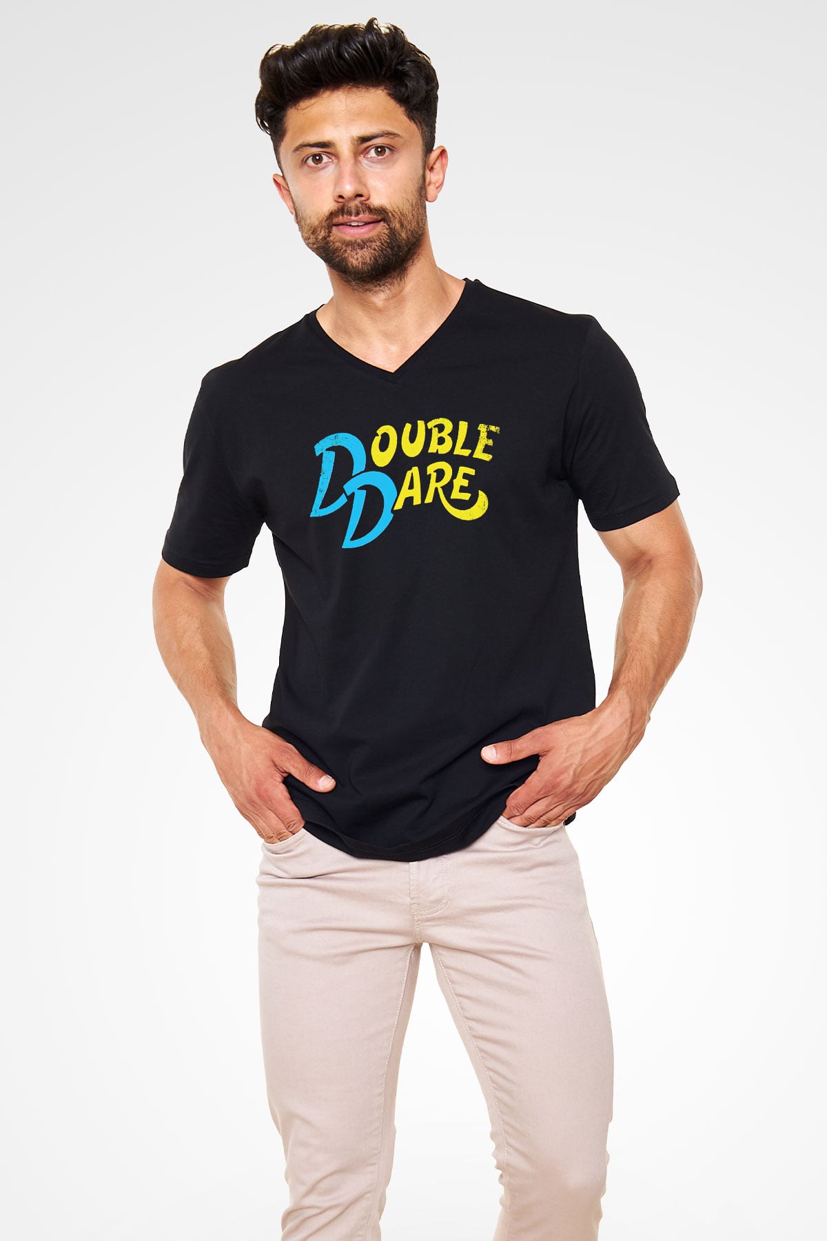 Double Dare Siyah Unisex  V Yaka Tişört