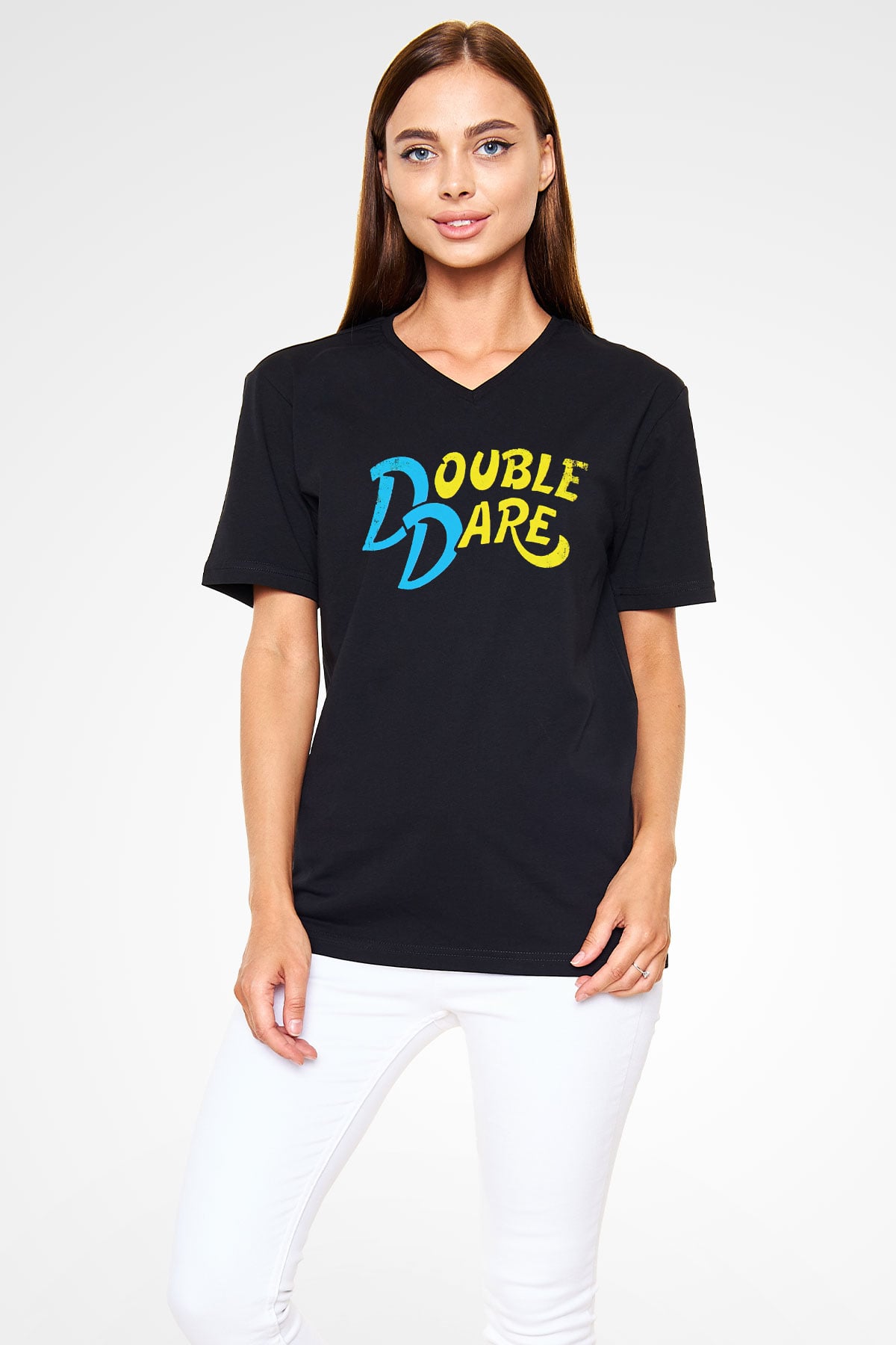 Double Dare Siyah Unisex  V Yaka Tişört