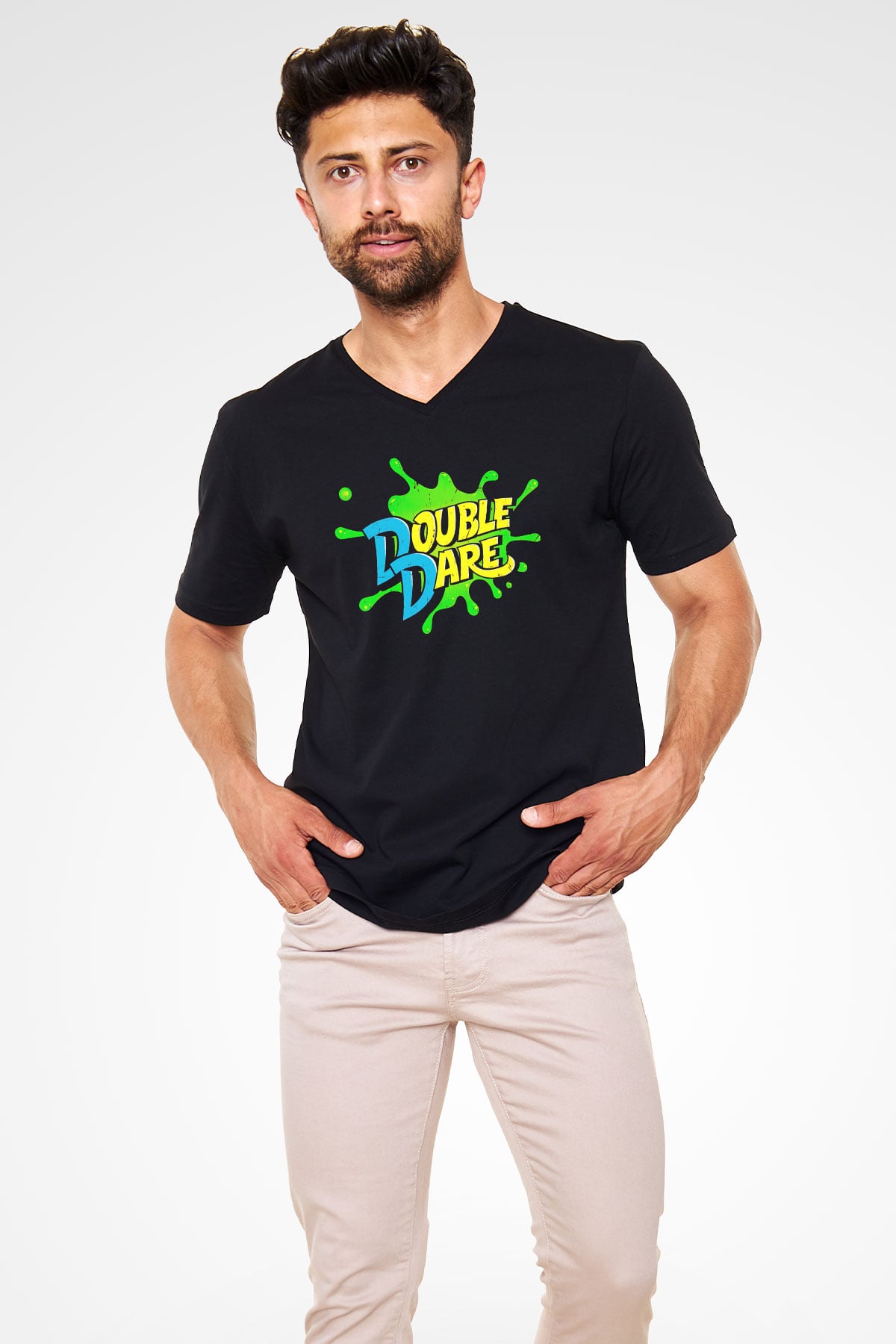 Double Dare Siyah Unisex  V Yaka Tişört