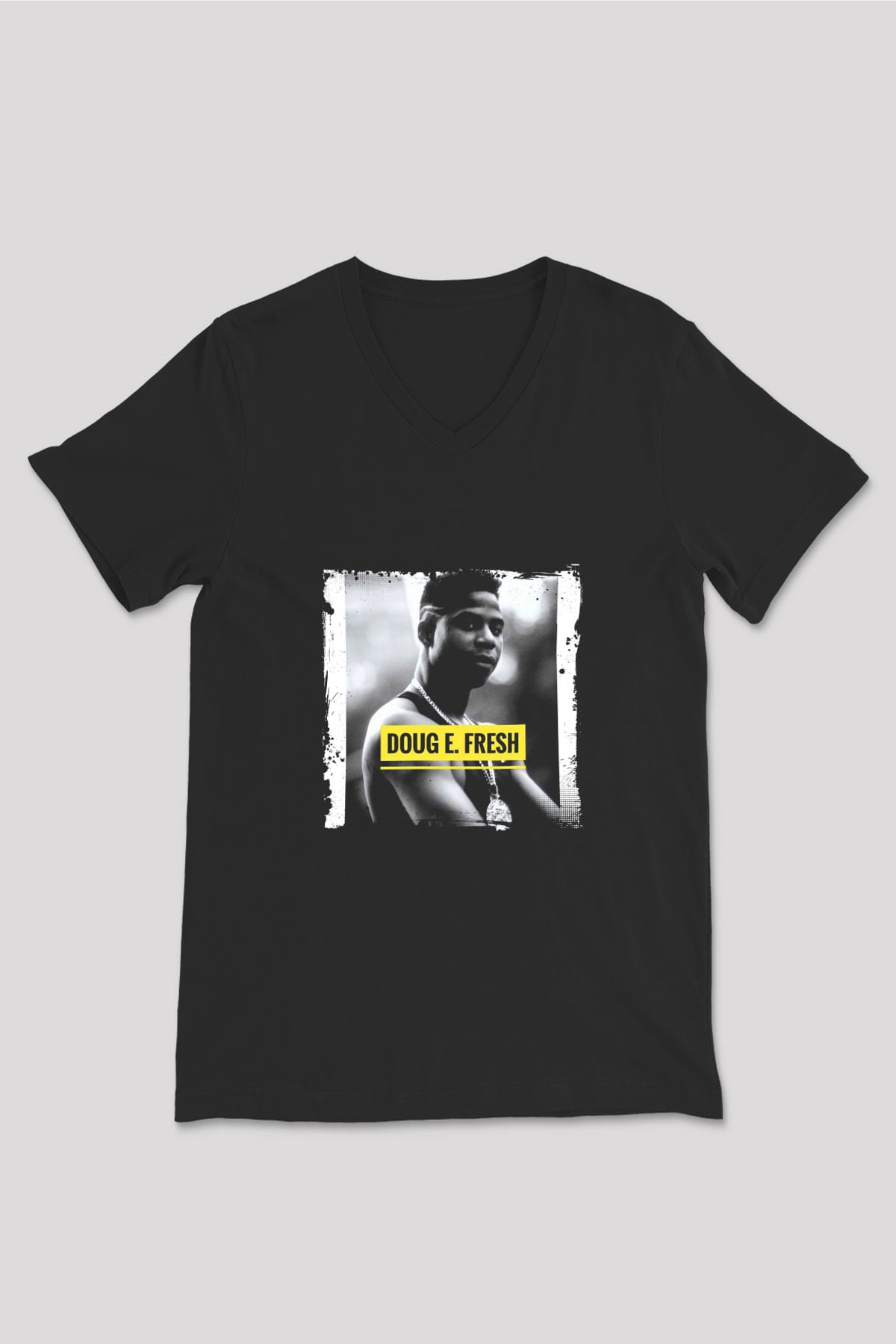 Doug E. Fresh Baskılı Unisex Siyah V Yaka Tişört