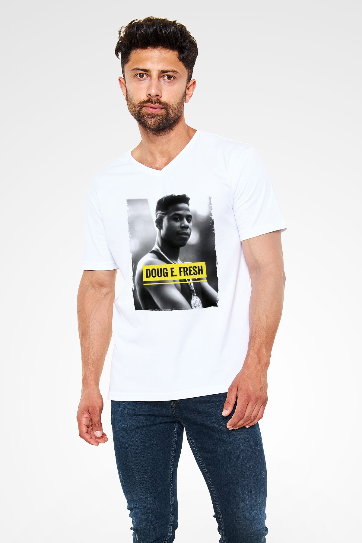 Doug E. Fresh Beyaz Unisex V Yaka Tişört