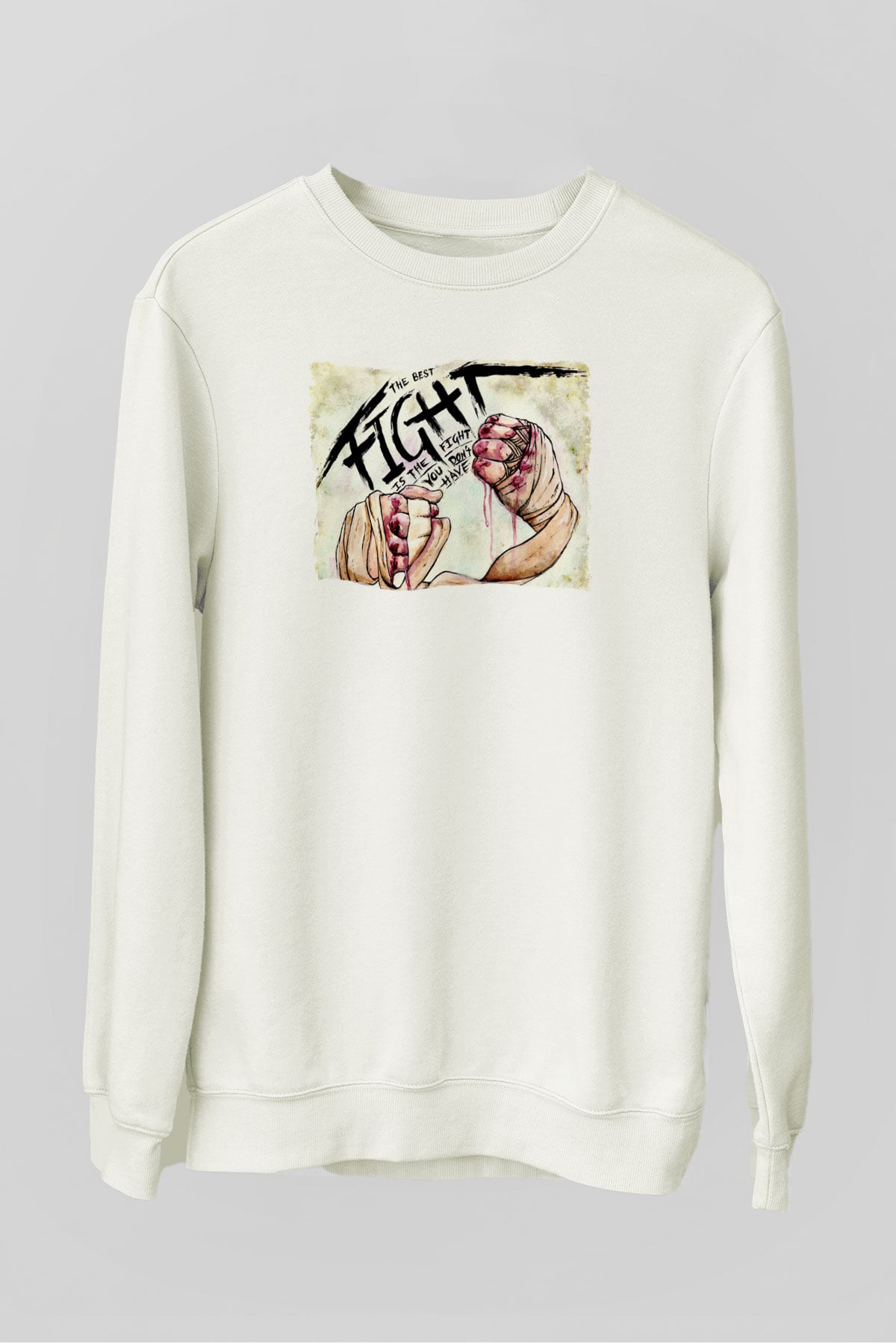 Dövüş Temalı Baskılı Beyaz  Sweatshirt