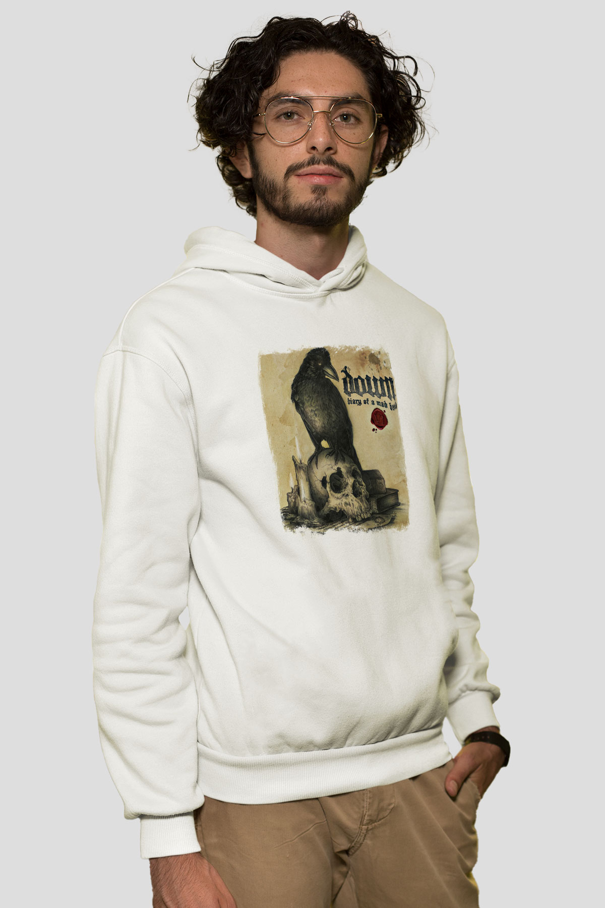 Down Baskılı Unisex Beyaz Hoodie