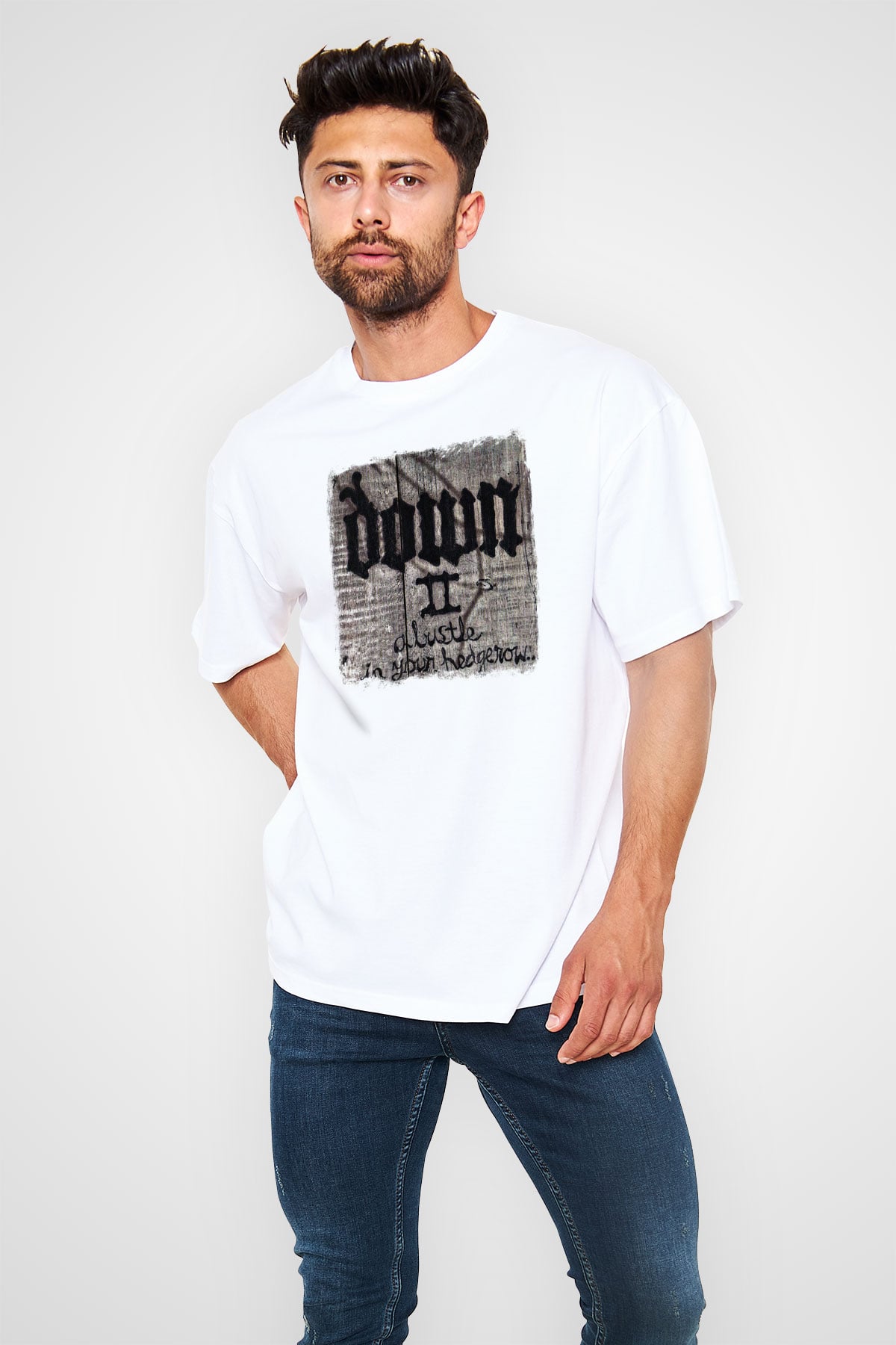 Down Baskılı Unisex Beyaz Oversize Tişört