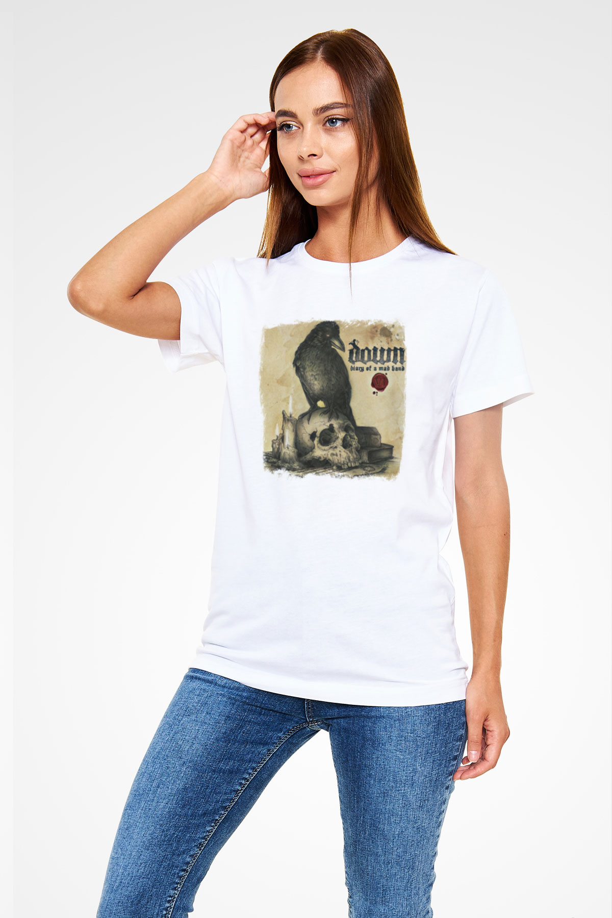 Down Baskılı Unisex Beyaz Tişört
