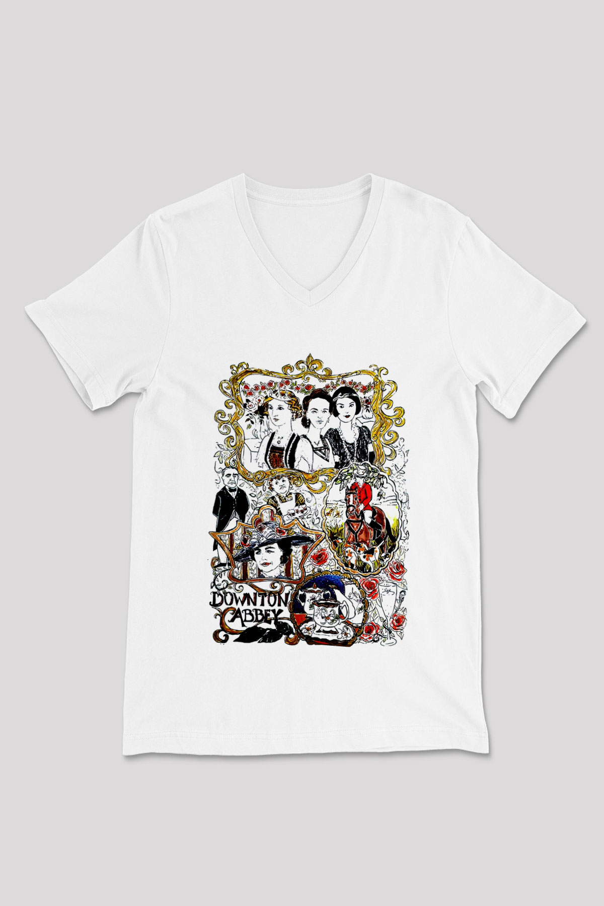 Downtown Abbey Beyaz Unisex V Yaka Tişört