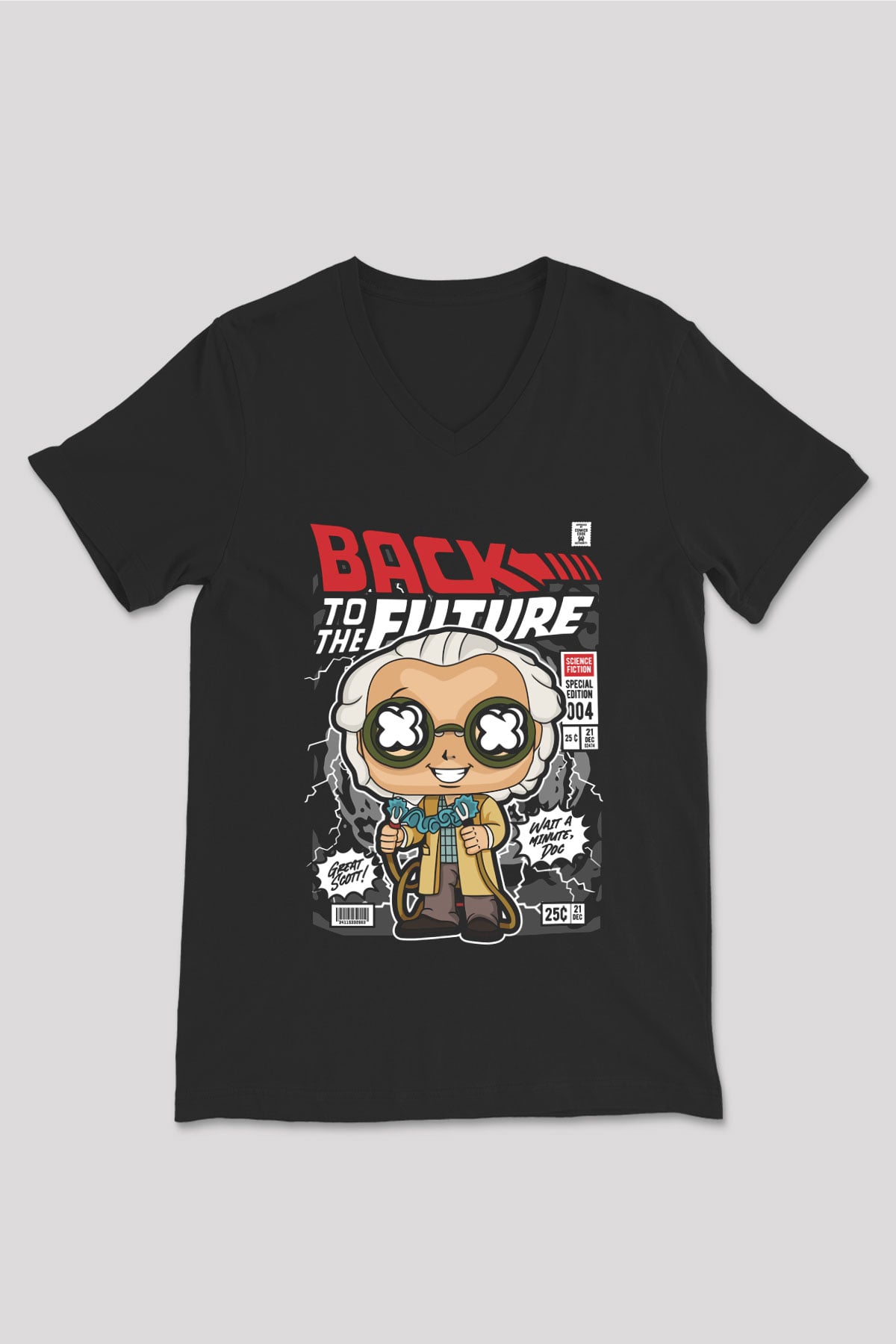 Dr Brown Baskılı Unisex Siyah V Yaka Tişört