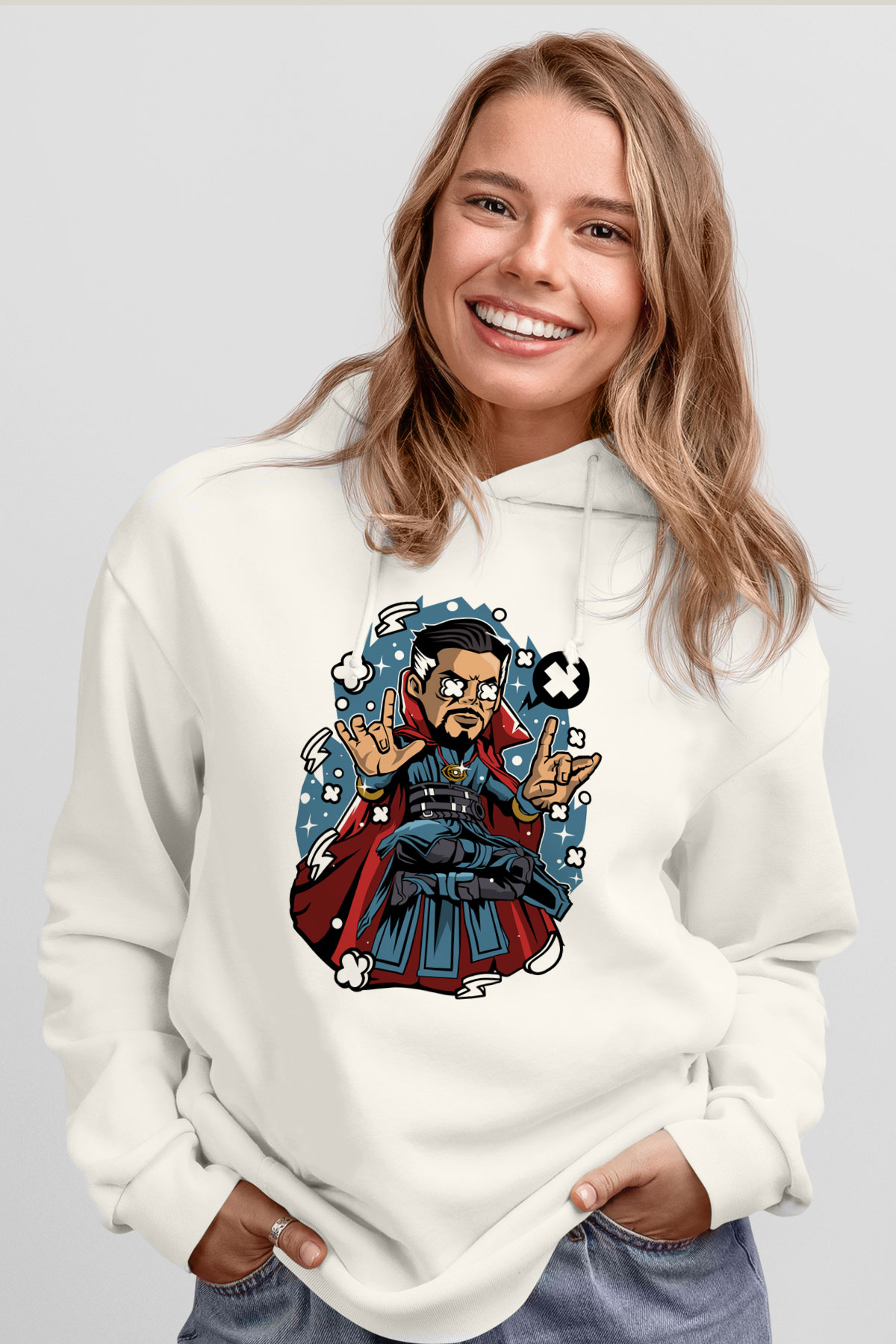 Dr Strange Baskılı Unisex Beyaz Hoodie