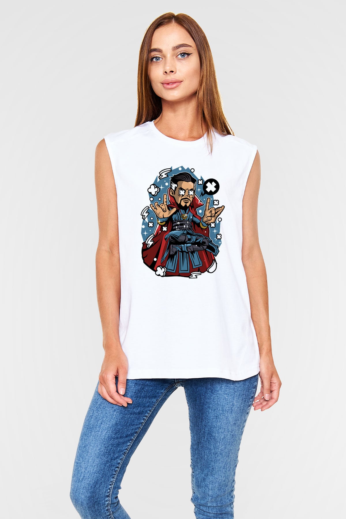 Dr Strange Baskılı Unisex Beyaz Kolsuz Tişört