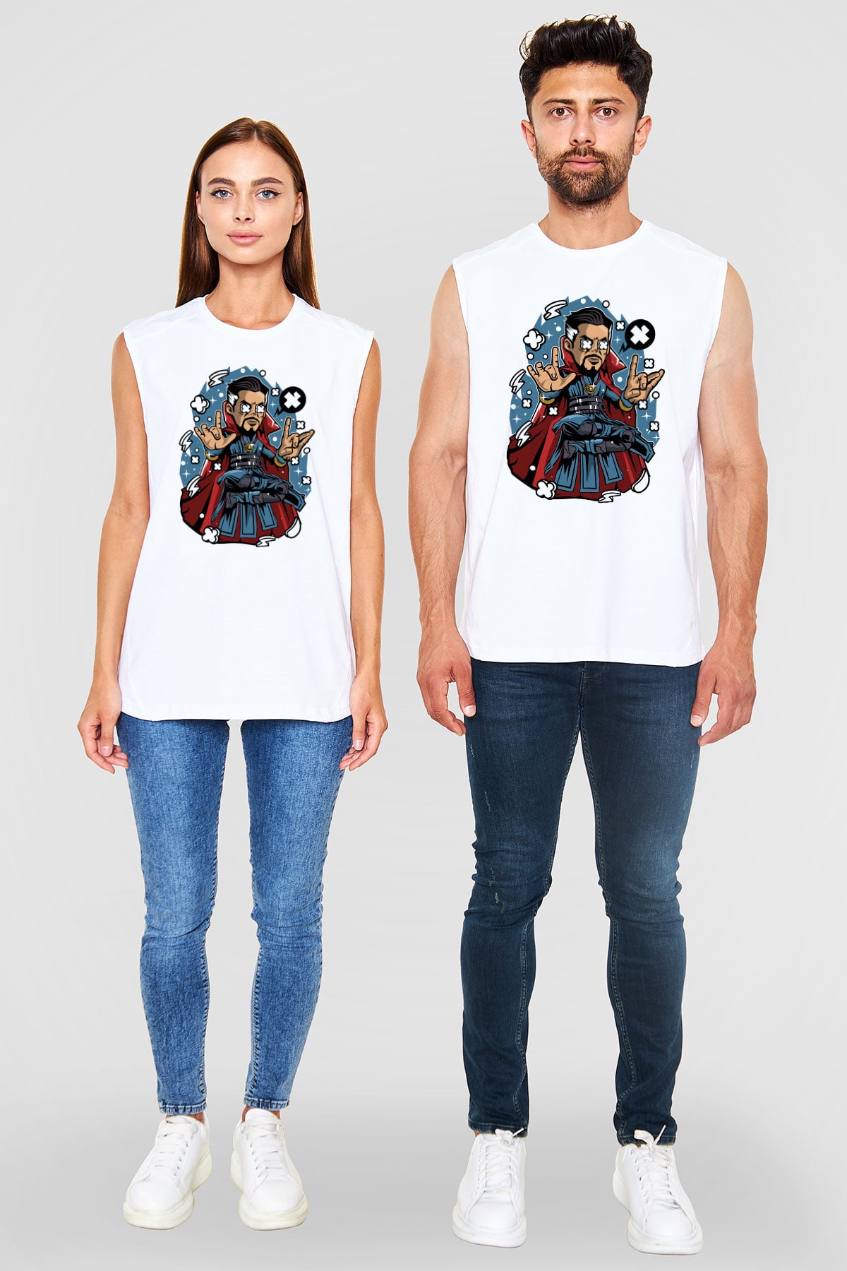 Dr Strange Baskılı Unisex Beyaz Kolsuz Tişört