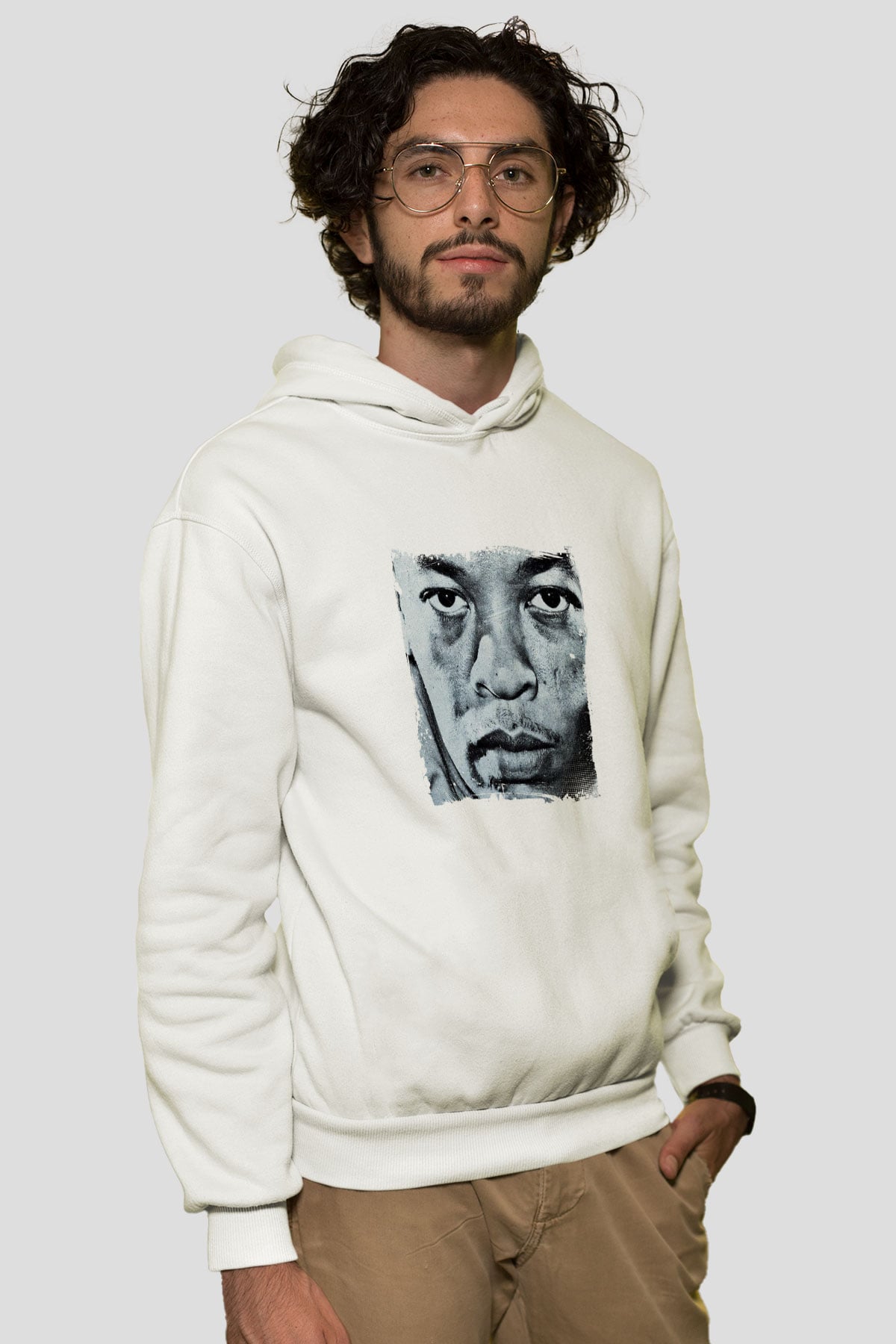 Dr. Dre Baskılı Unisex Beyaz Kapüşonlu Sweatshirt