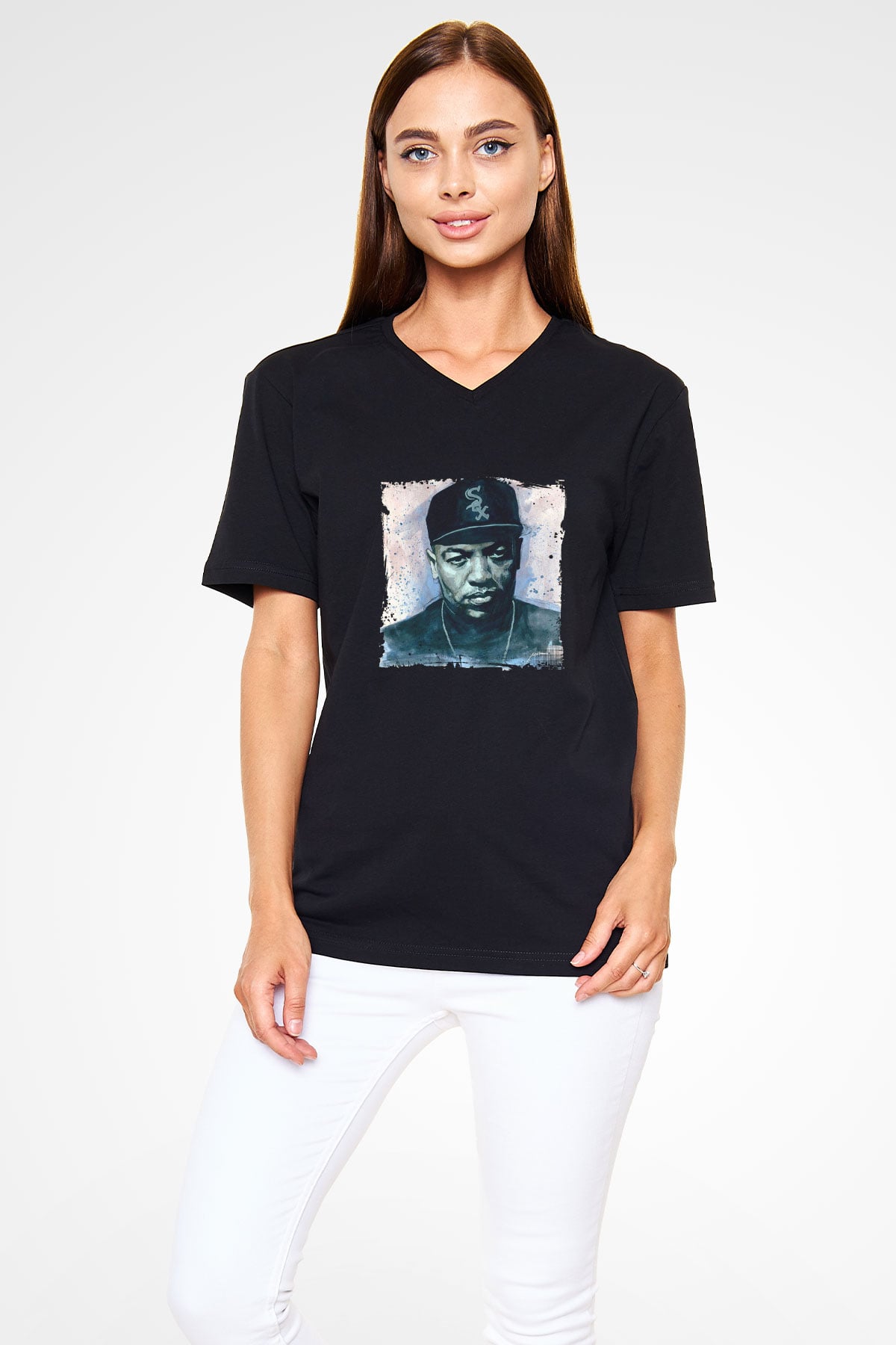 Dr. Dre Baskılı Unisex Siyah V Yaka Tişört