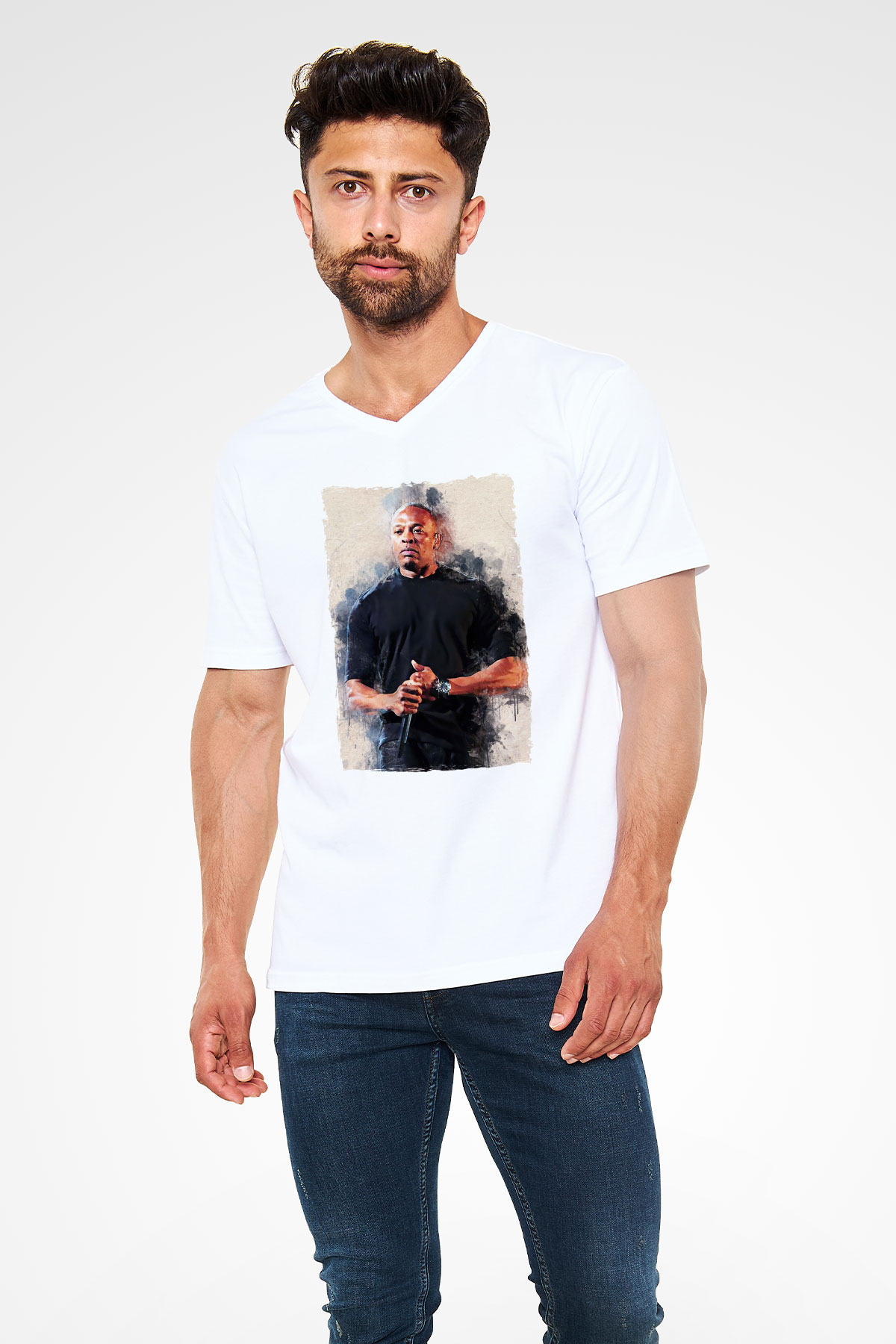 Dr.Dre Beyaz Unisex V Yaka Tişört