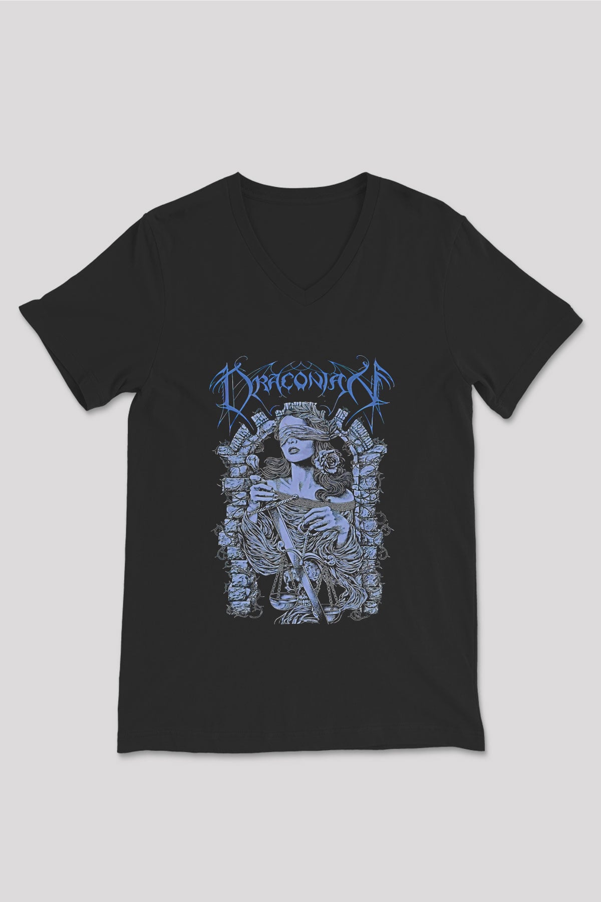 Draconian Baskılı Unisex Siyah V Yaka Tişört - Tshirt